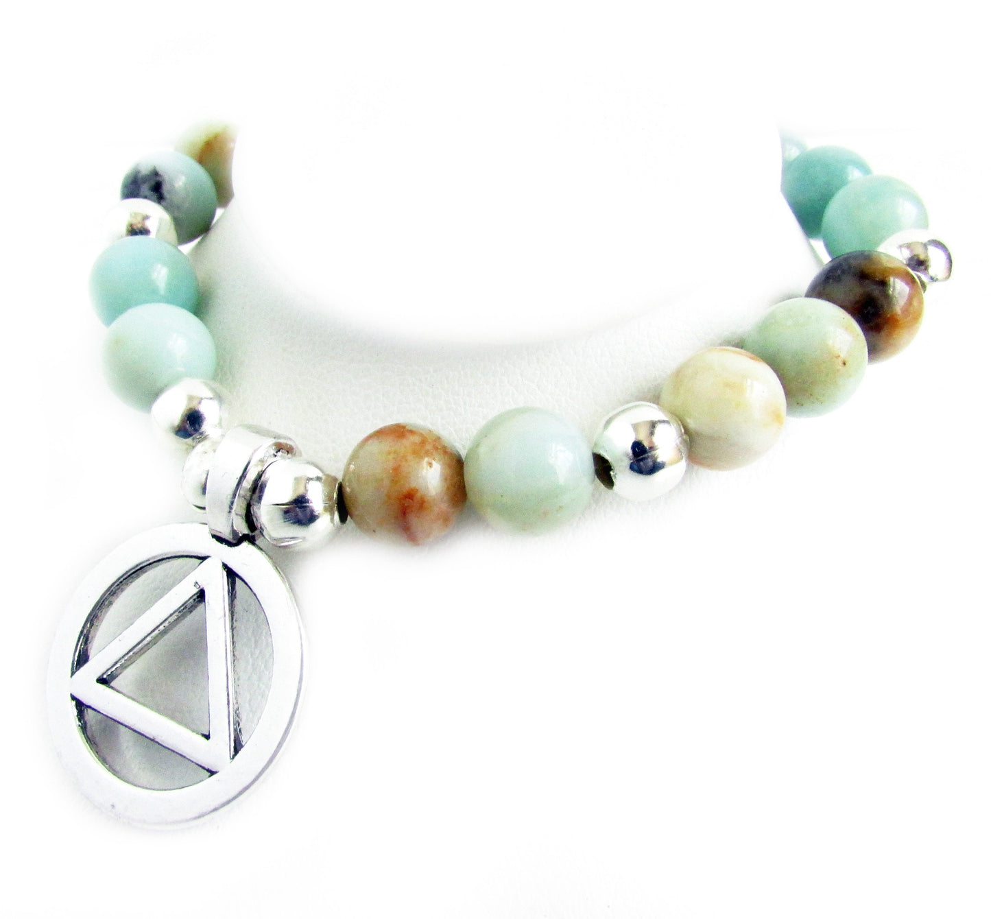 Sobriety Support Bracelet – Natural Amazonite & Lava Bead AA Jewelry, Recovery Gift (AA Symbol or Let Go Let God)