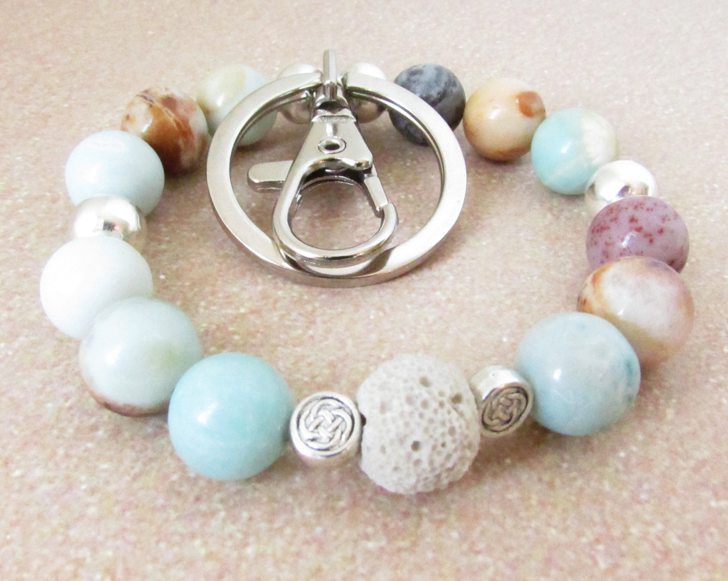 Amazonite Bracelet Keychain – Essential Oil Diffuser Wristlet Lanyard, Coastal Beach Gift