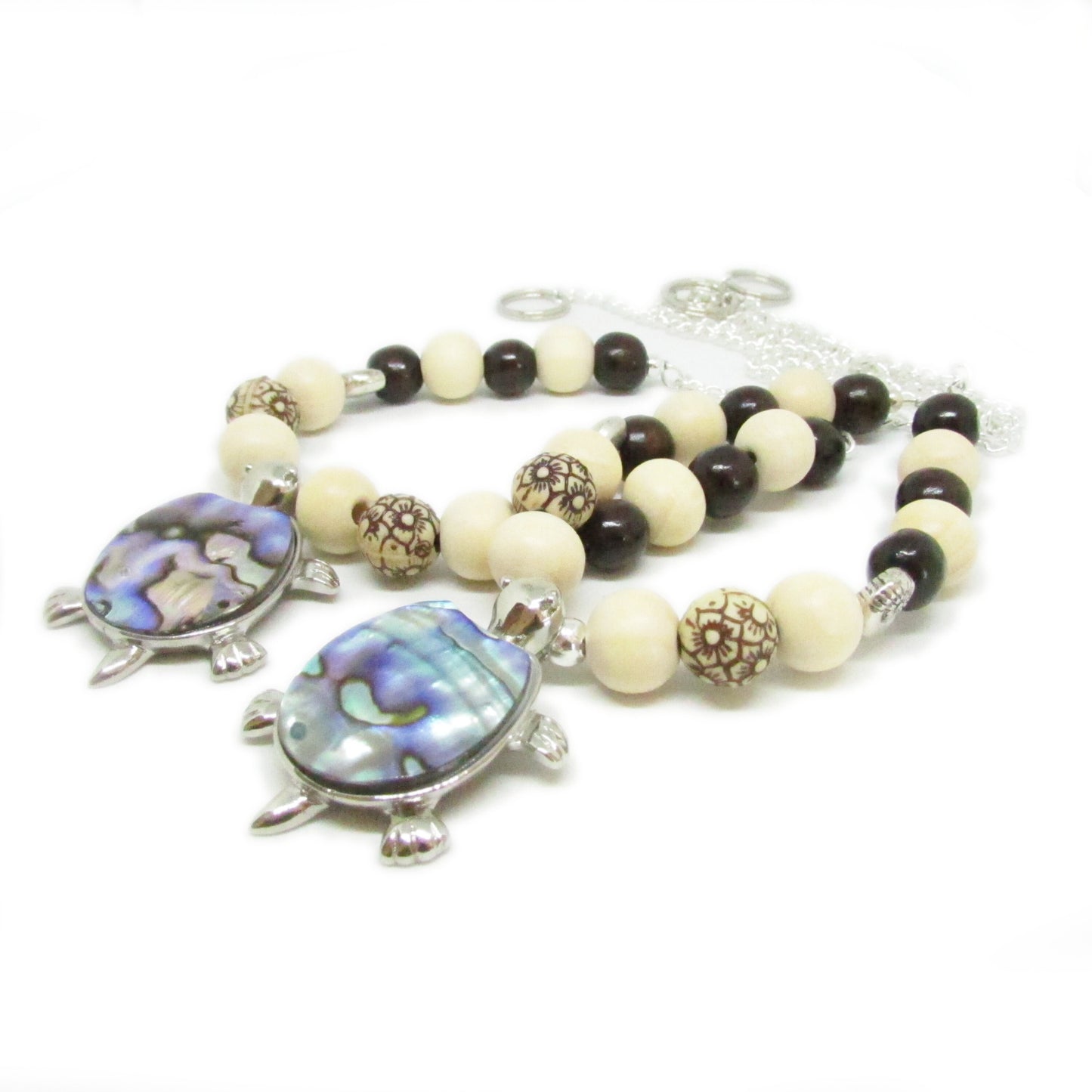 Sea Turtle Curtain Tiebacks – Abalone Shell & Wood Bead Coastal Decor, Handmade Set of 2