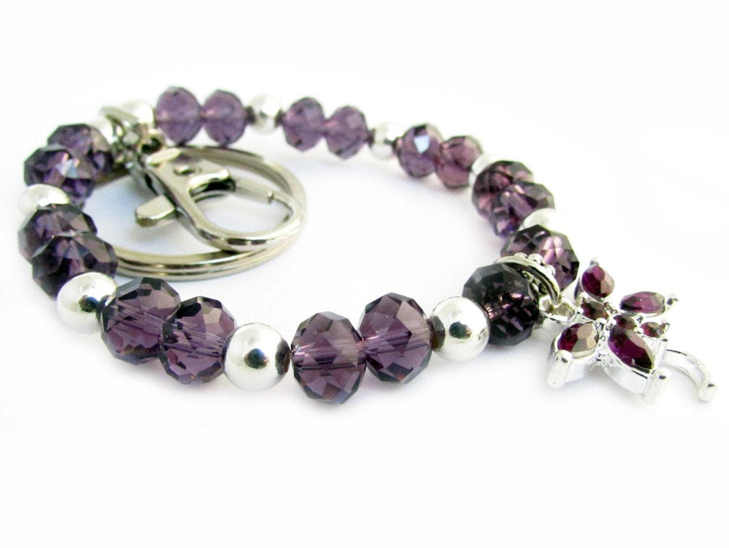 Purple Dragonfly Crystal Keychain Bracelet – Beaded Wrist Lanyard, Handmade Gift for Her