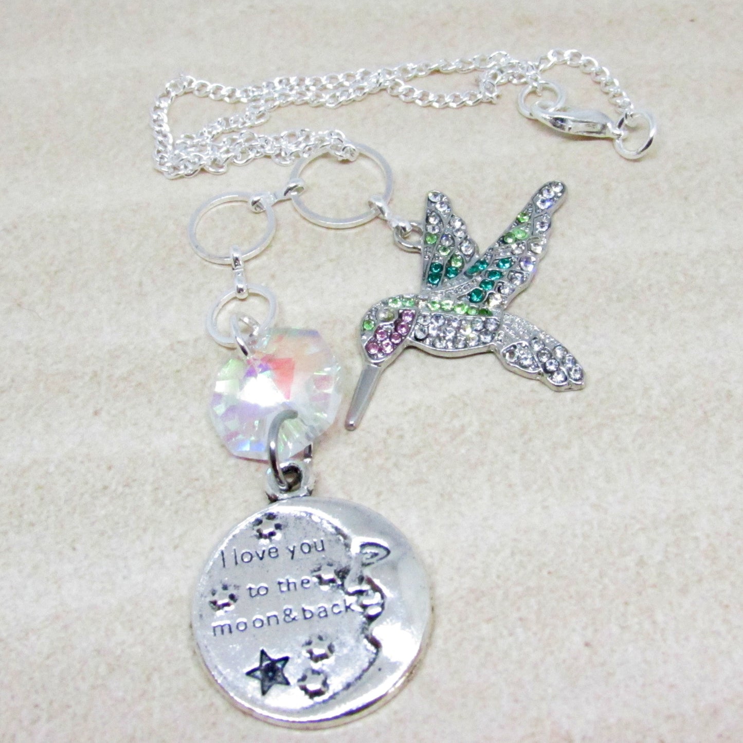 Car Rearview Charm: Colorful Hummingbird - Crystal and Quote Detail