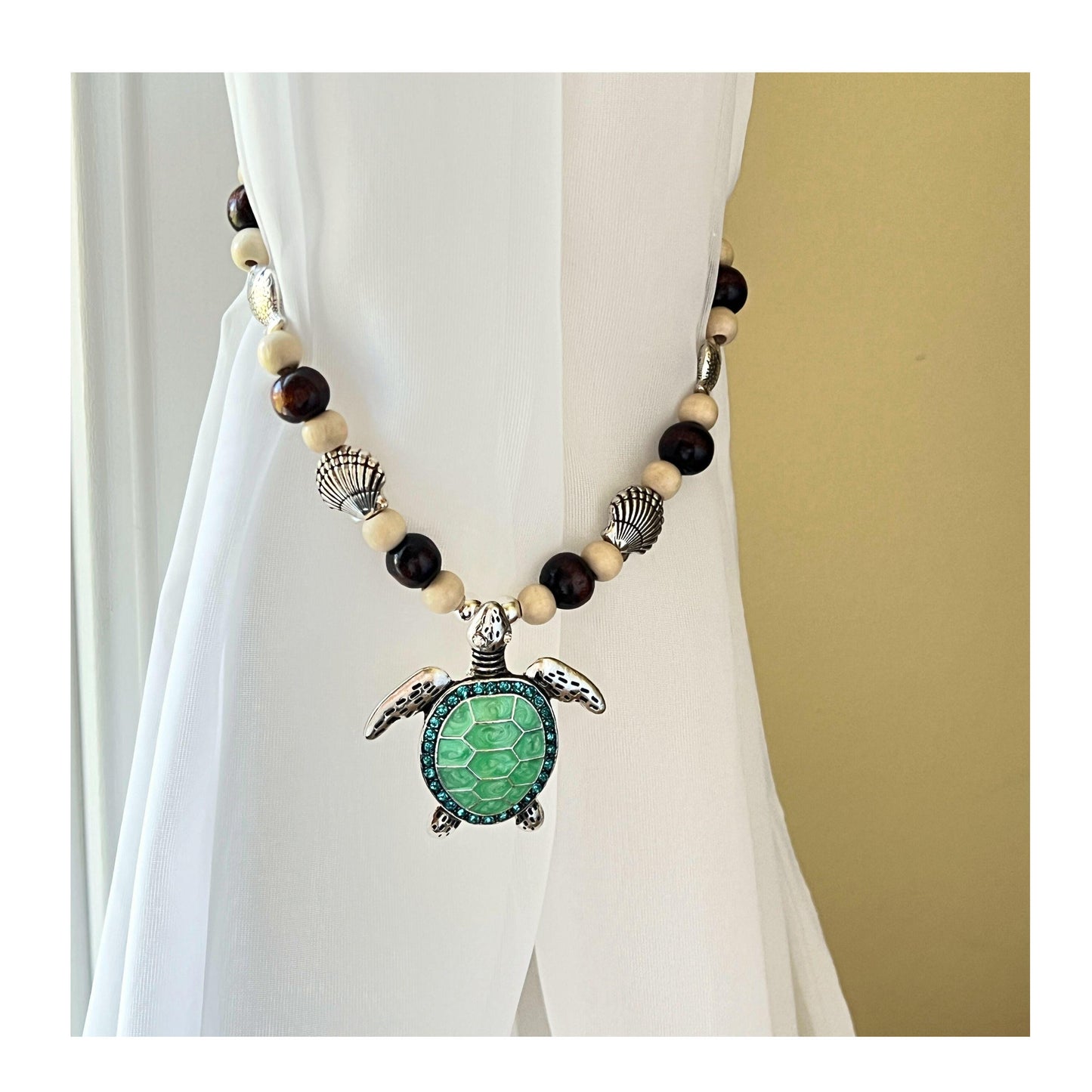 Sea Turtle Curtain Tiebacks – Wood Bead & Shell Coastal Beach Home Decor, Handmade Set of 2
