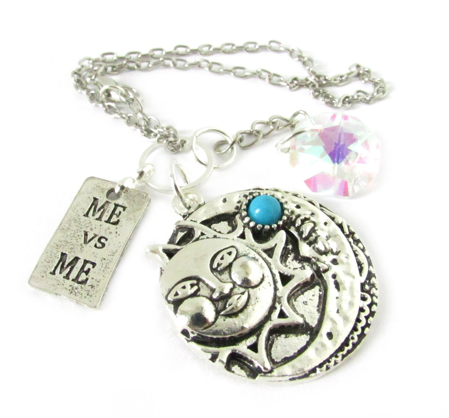 Celestial Car Charm – Sun Moon Rear View Mirror Charm with Crystal & Turquoise, Handmade Gift