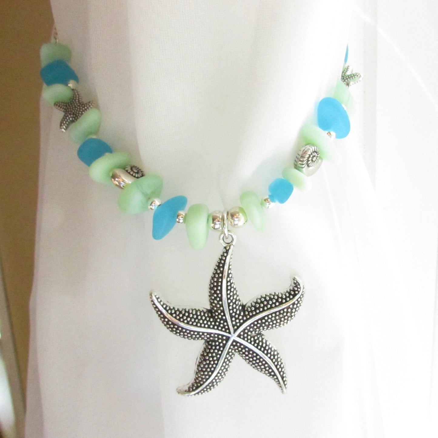 Starfish Curtain Tiebacks – Sea Glass Beaded Coastal Beach Decor, Set of 2
