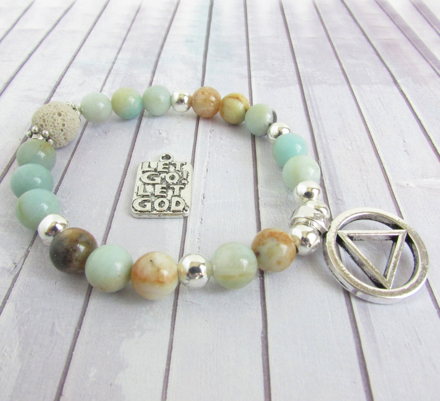 Sobriety Support Bracelet – Natural Amazonite & Lava Bead AA Jewelry, Recovery Gift (AA Symbol or Let Go Let God)