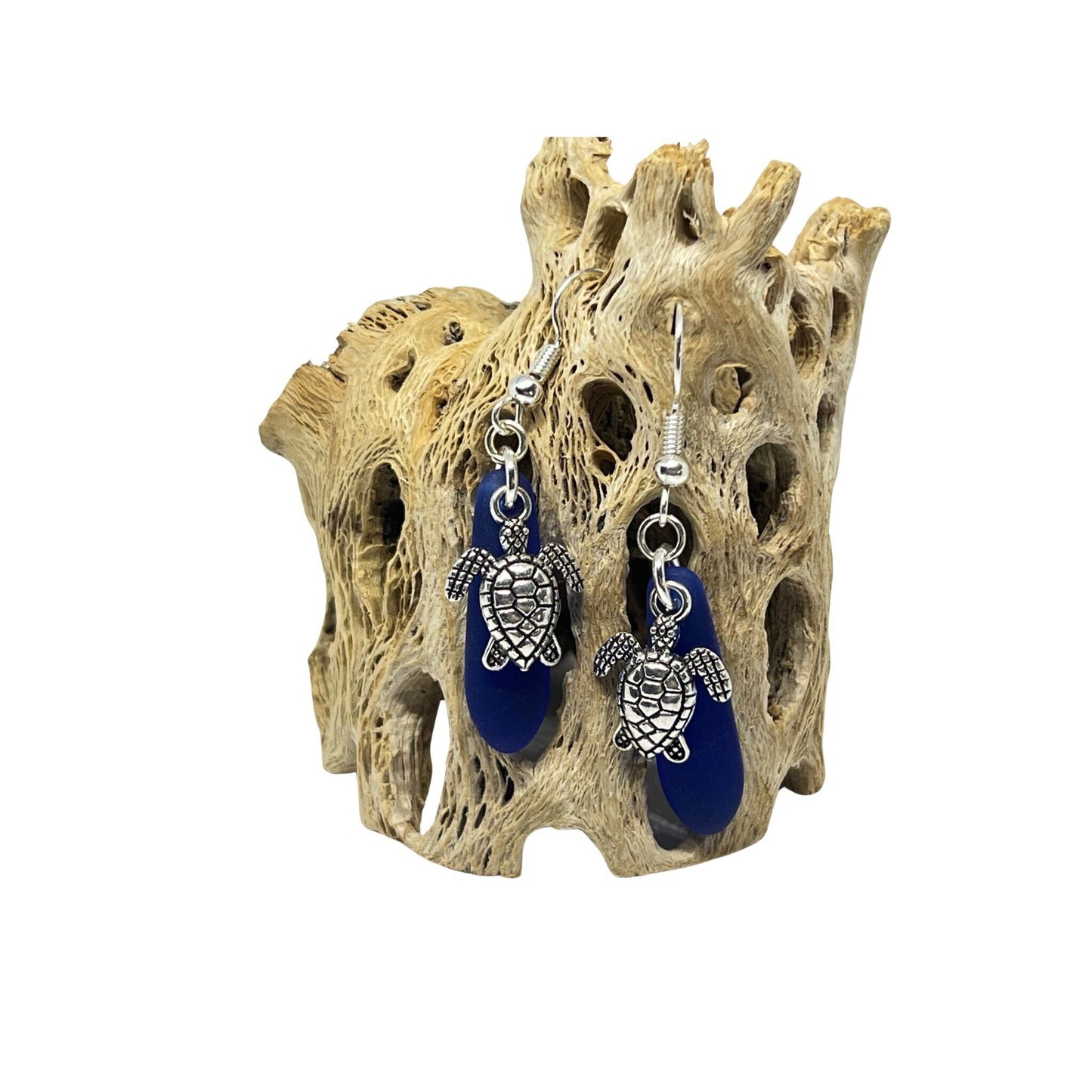 Sea Turtle Sea Glass Earrings – Cobalt Blue Handmade Ocean Jewelry