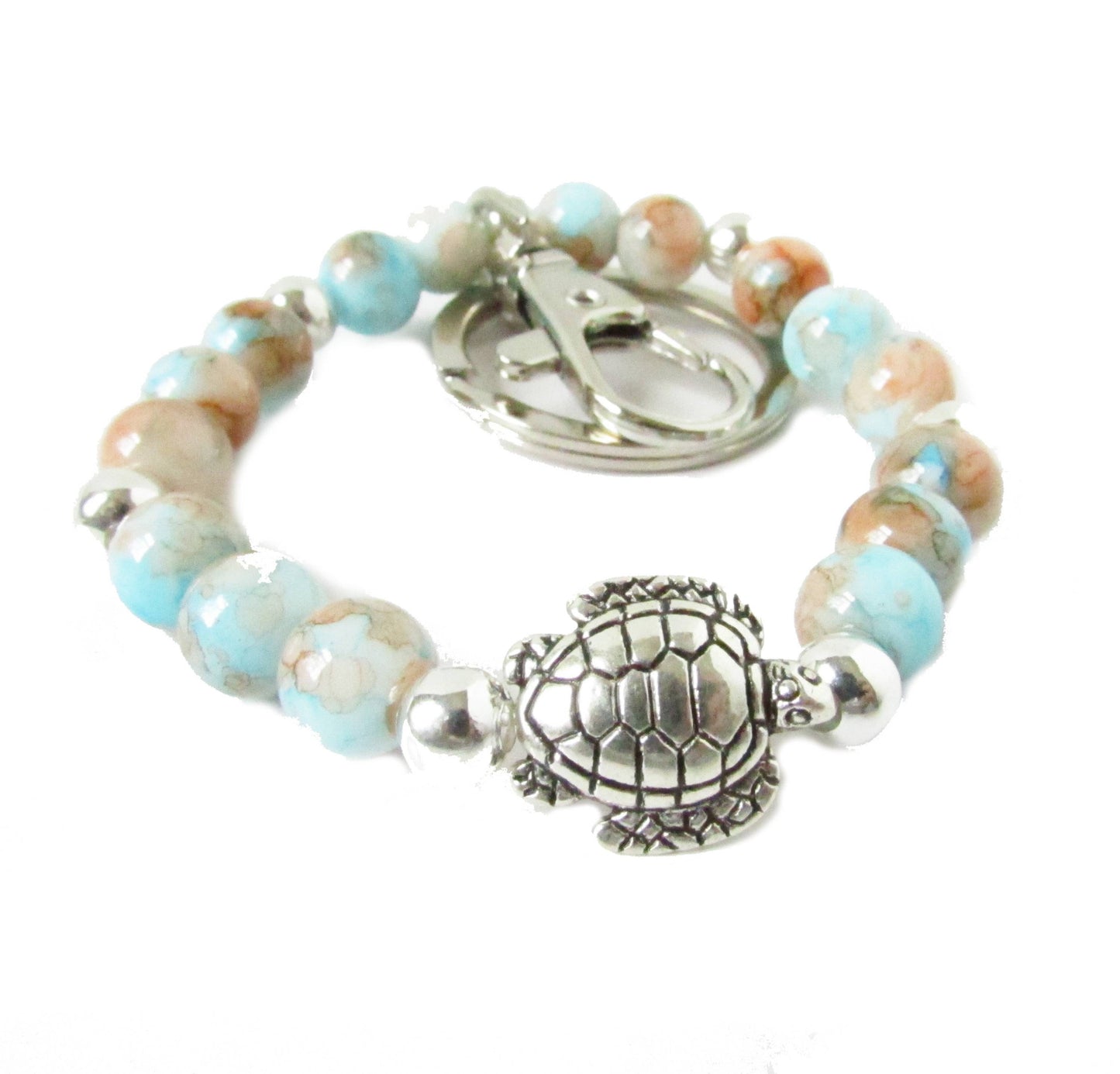 Sea Turtle Keychain Bracelet – Mottled Glass Beads & Silver Charm, Coastal Wristlet Gift