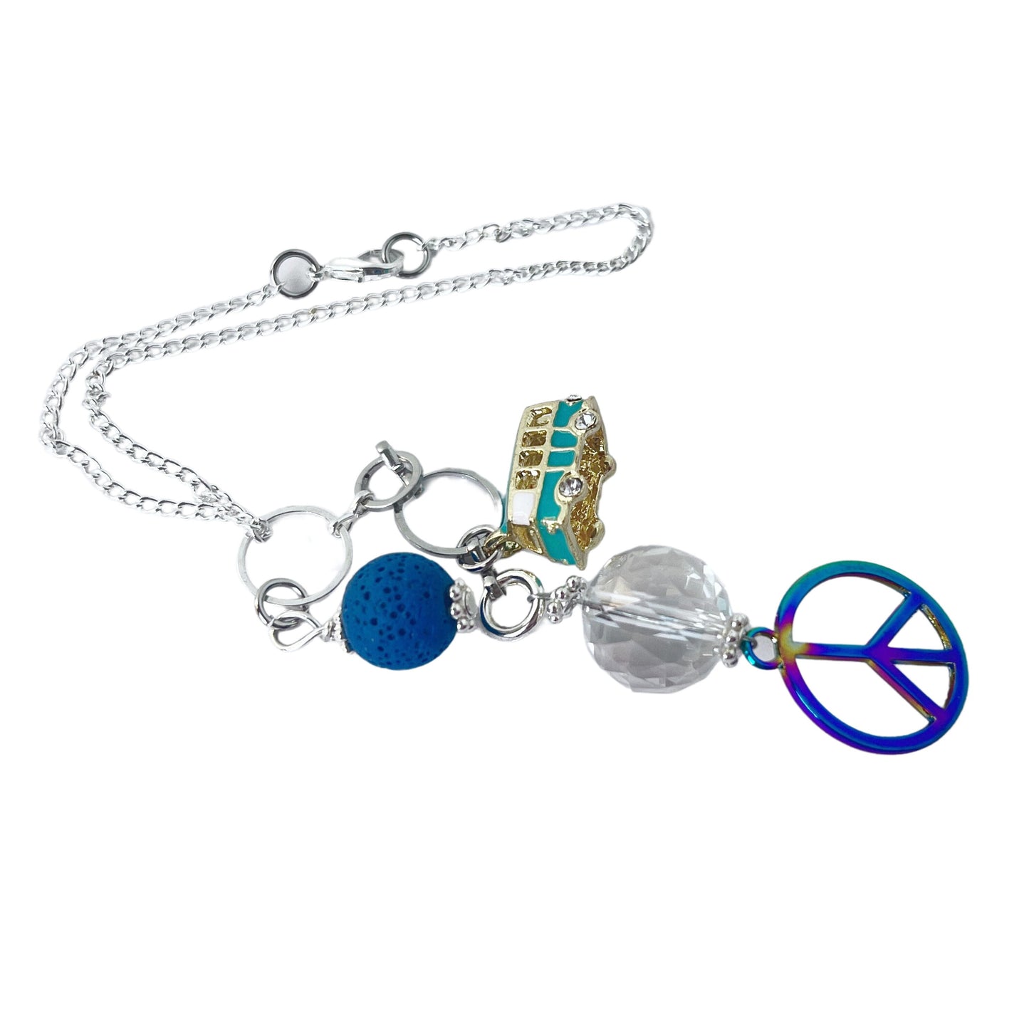 Peace Sign Car Charm – Boho Rear View Mirror Diffuser with Lava Bead & Retro Bus Charm