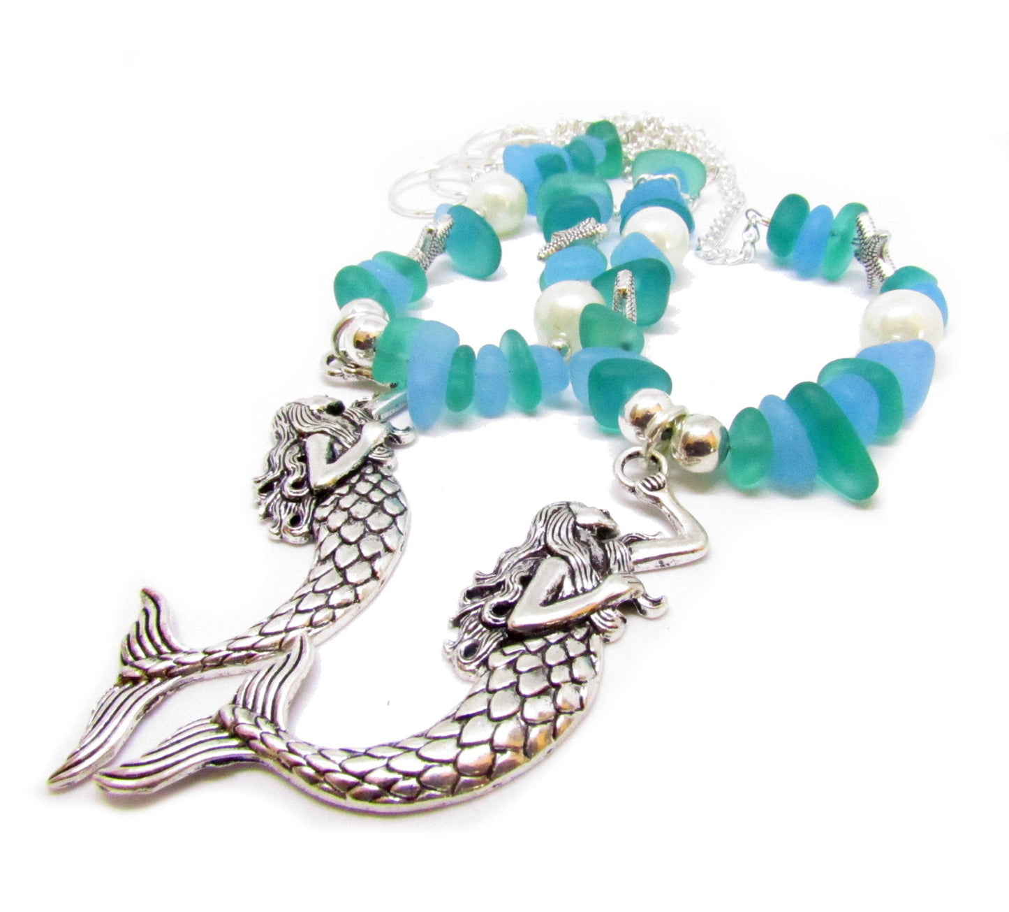 Mermaid Curtain Tiebacks – Sea Glass & Pearl Beaded Beach Home Decor, Handmade Set of 2