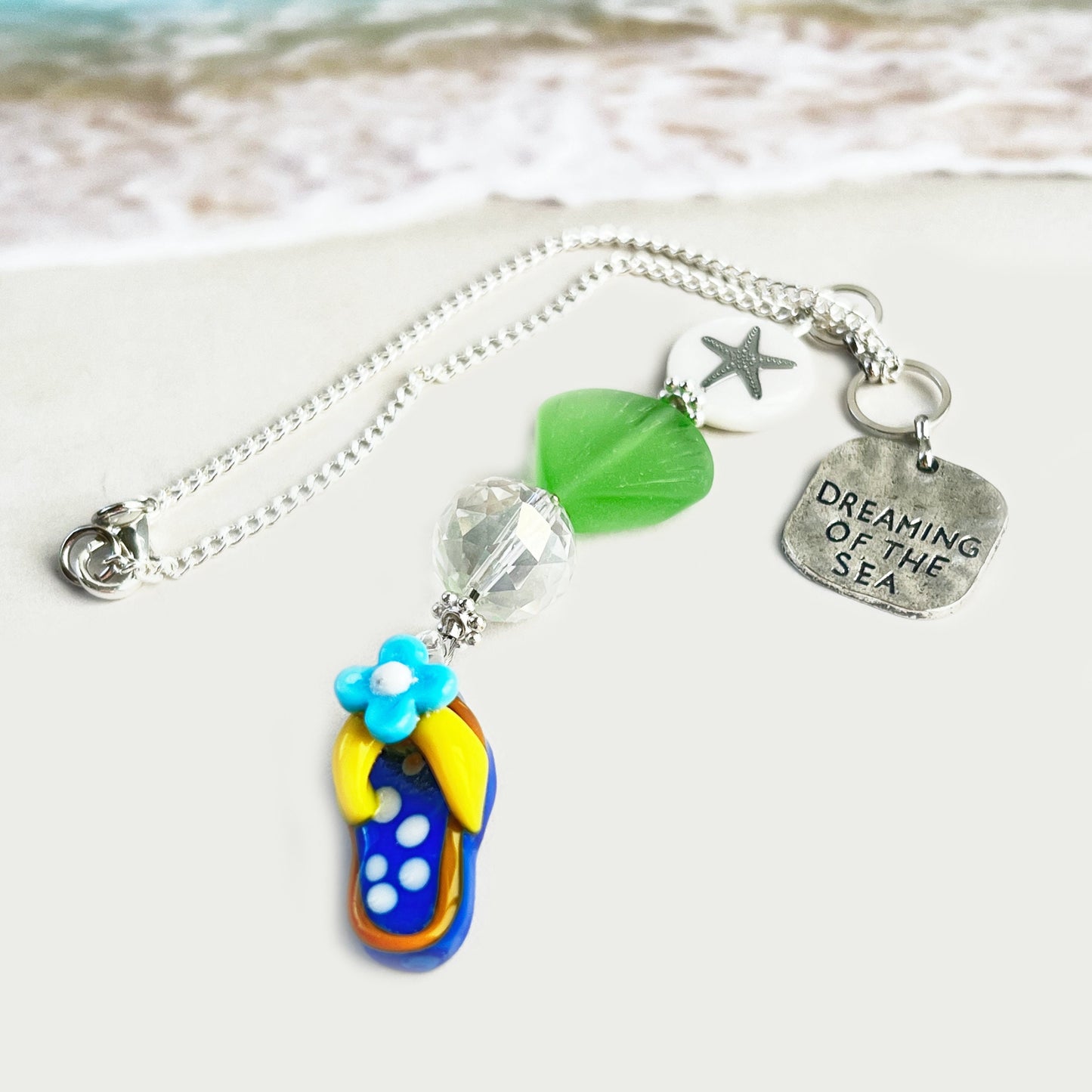 Sea Glass Car Charm – Flip Flop & Starfish Rear View Mirror Ornament with Beach Quote