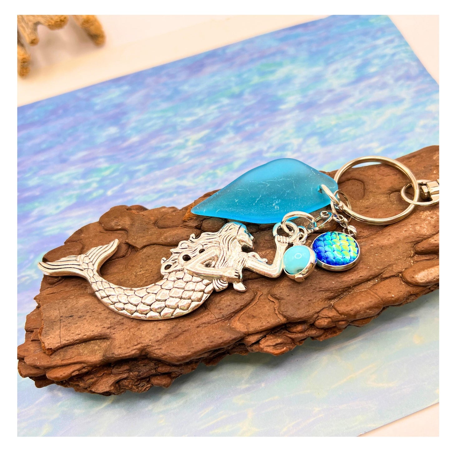 Mermaid Keychain with Sea Glass Charm – Blue or Green, Beach Lover Gift (Keychain or Car Charm)