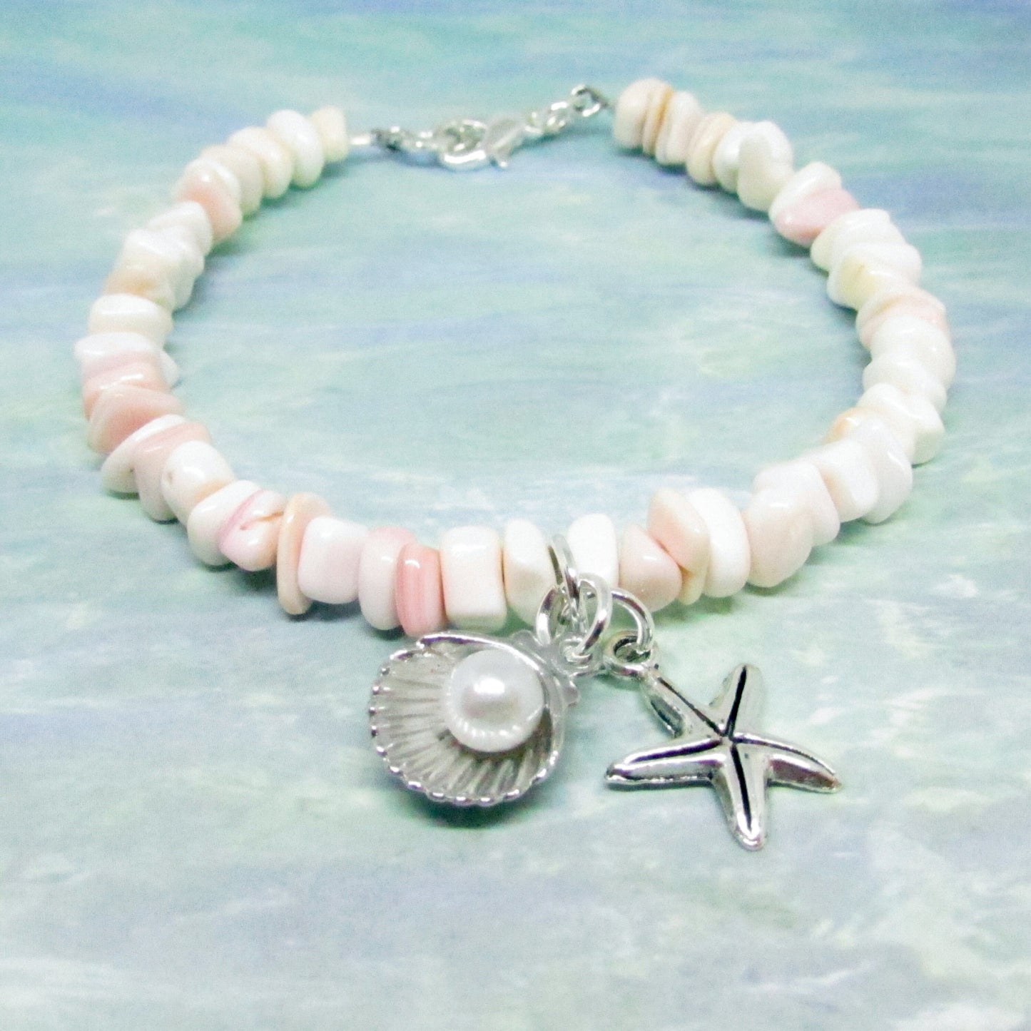Pink Shell Bracelet – Starfish Charm & Pearl Beads, Natural Coastal Beach Jewelry for Her