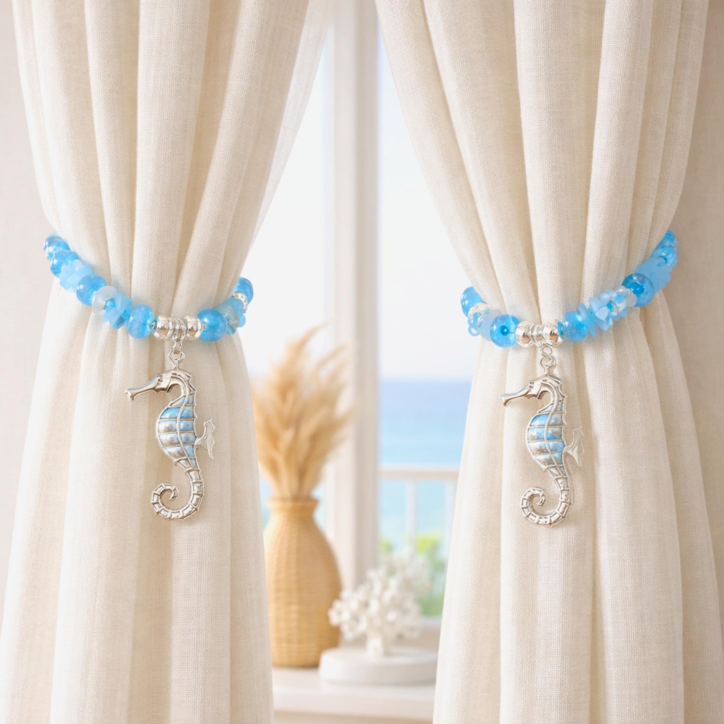 Seahorse Curtain Tiebacks – Sea Glass Beaded Drapery Holdbacks, Beach Cottage Decor