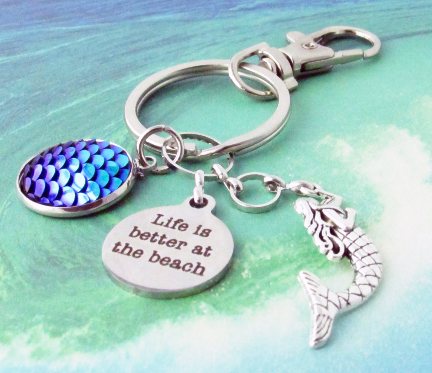 Mermaid Keychain – Life Is Better at the Beach Quote Keyring, Coastal Ocean Gift