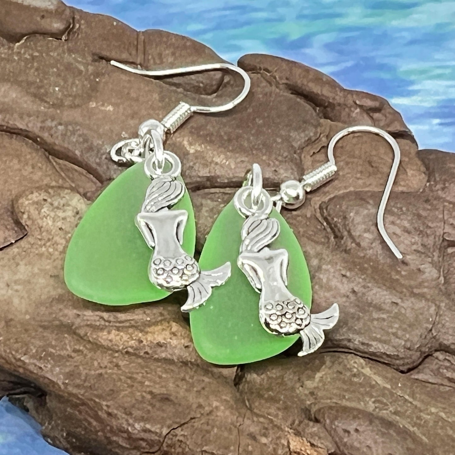 Tiny silver mermaid charm earrings with petite green sea glass beads, perfect bridesmaid beach wedding jewelry
