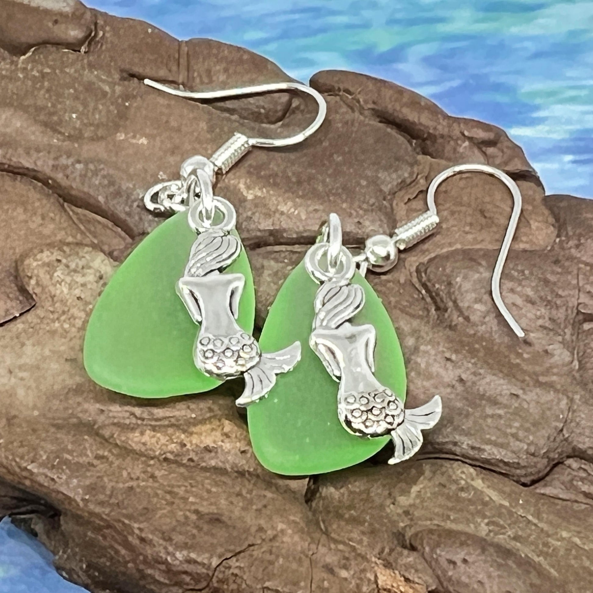 Tiny silver mermaid charm earrings with petite green sea glass beads, perfect bridesmaid beach wedding jewelry