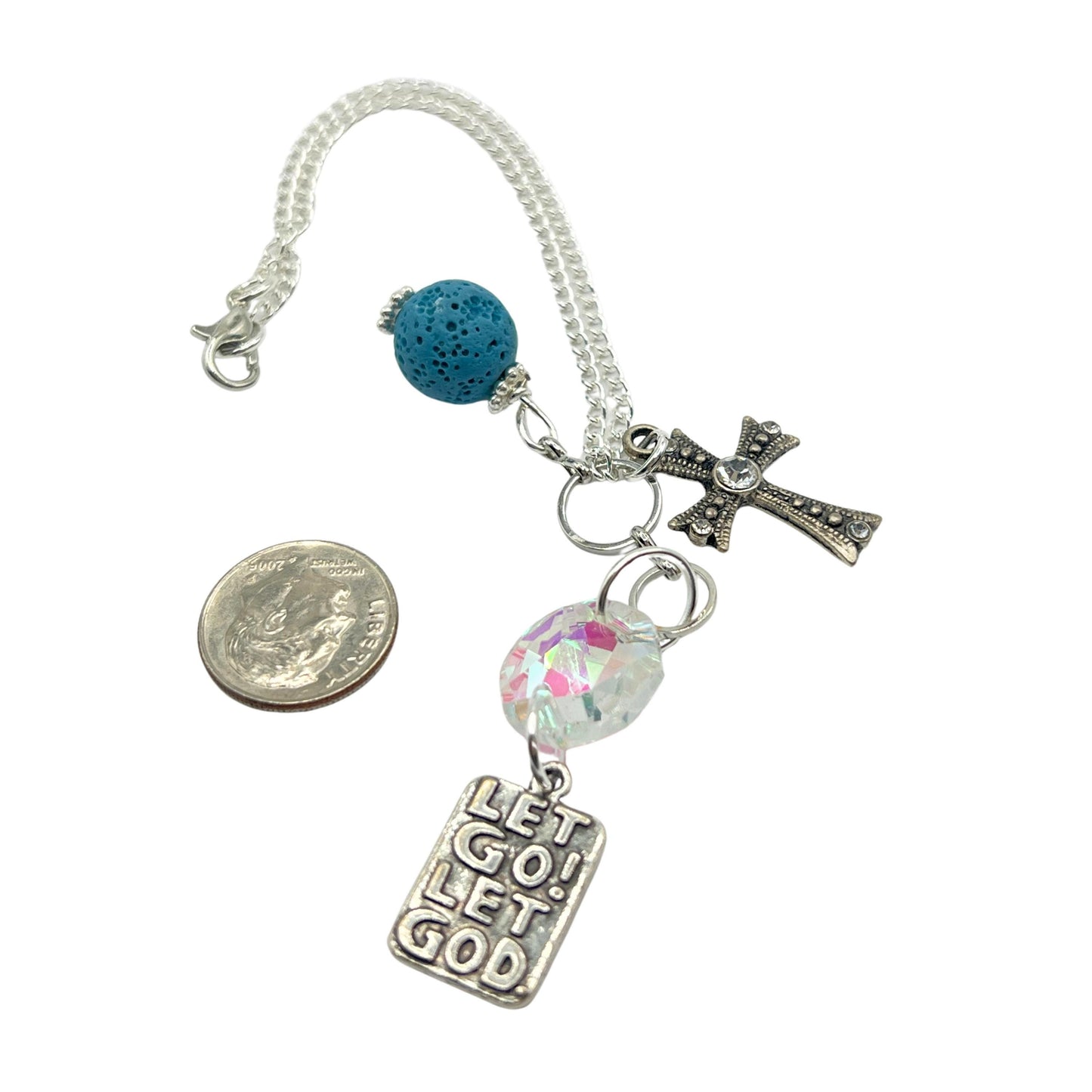 Silver-tone cross and crystal car dangle with faith quote charm, meaningful sobriety and recovery gift