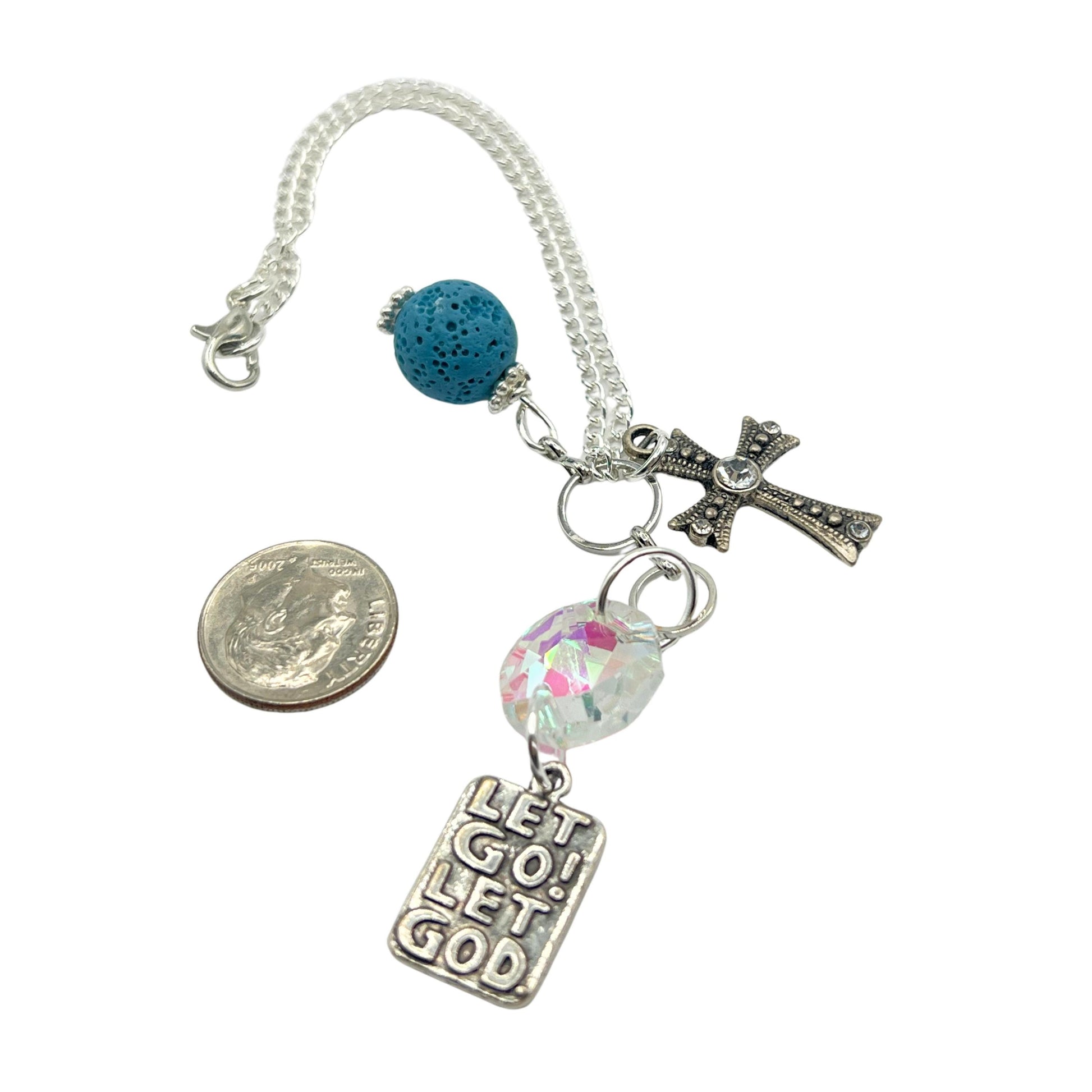 Silver-tone cross and crystal car dangle with faith quote charm, meaningful sobriety and recovery gift