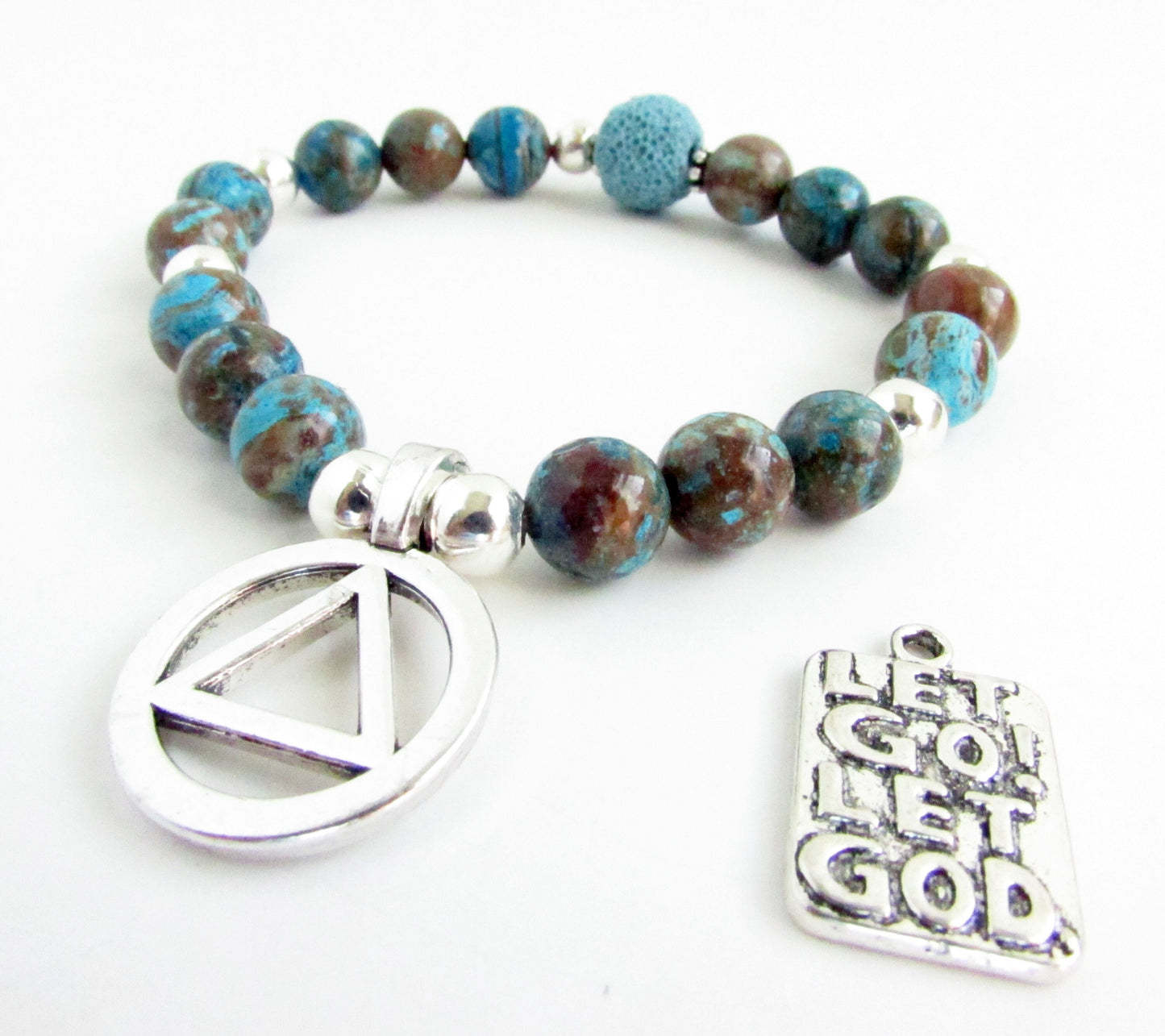 Handmade AA sobriety bracelet with blue crazy lace agate stones and lava bead, recovery gift with charm