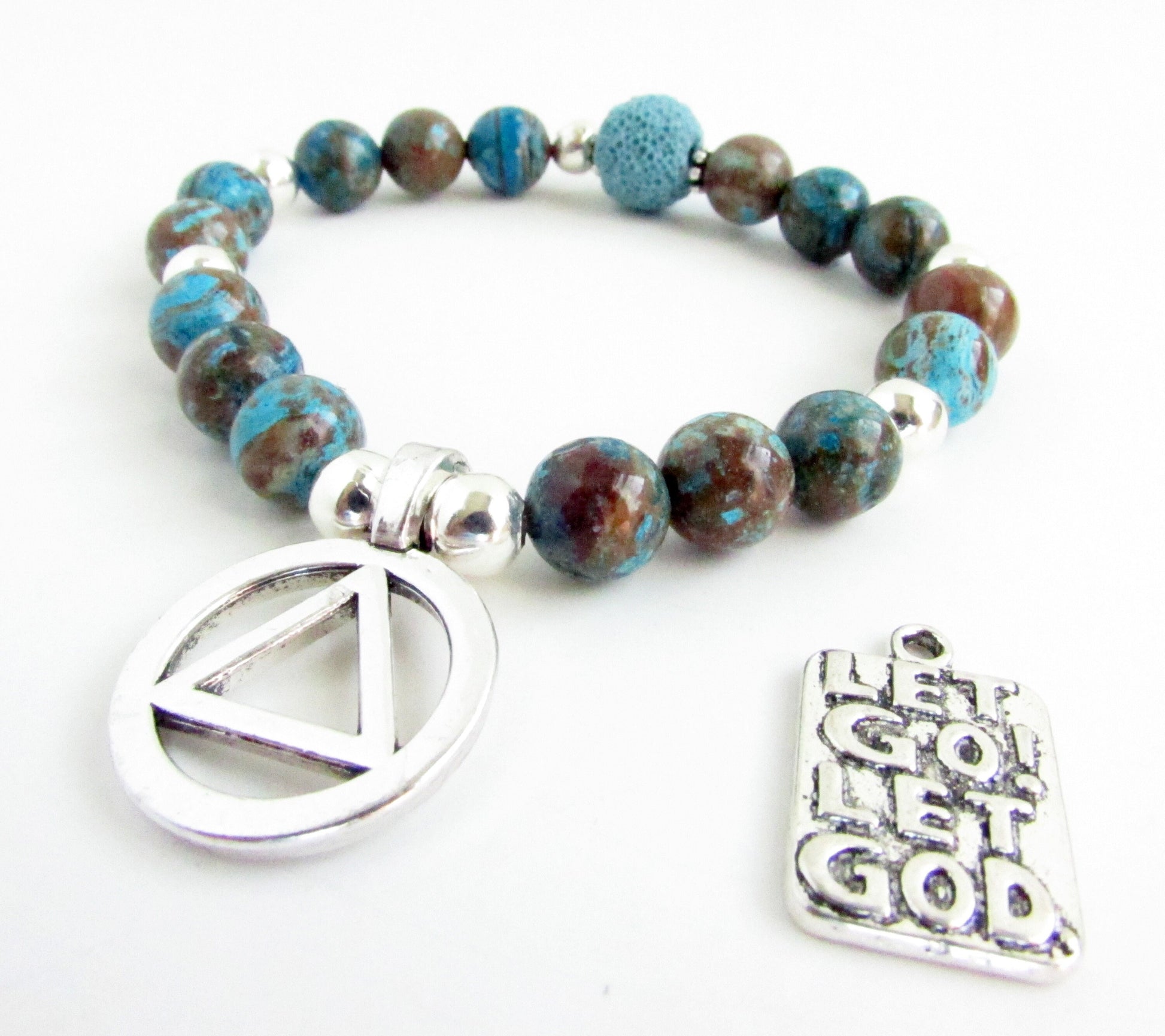 Handmade AA sobriety bracelet with blue crazy lace agate stones and lava bead, recovery gift with charm