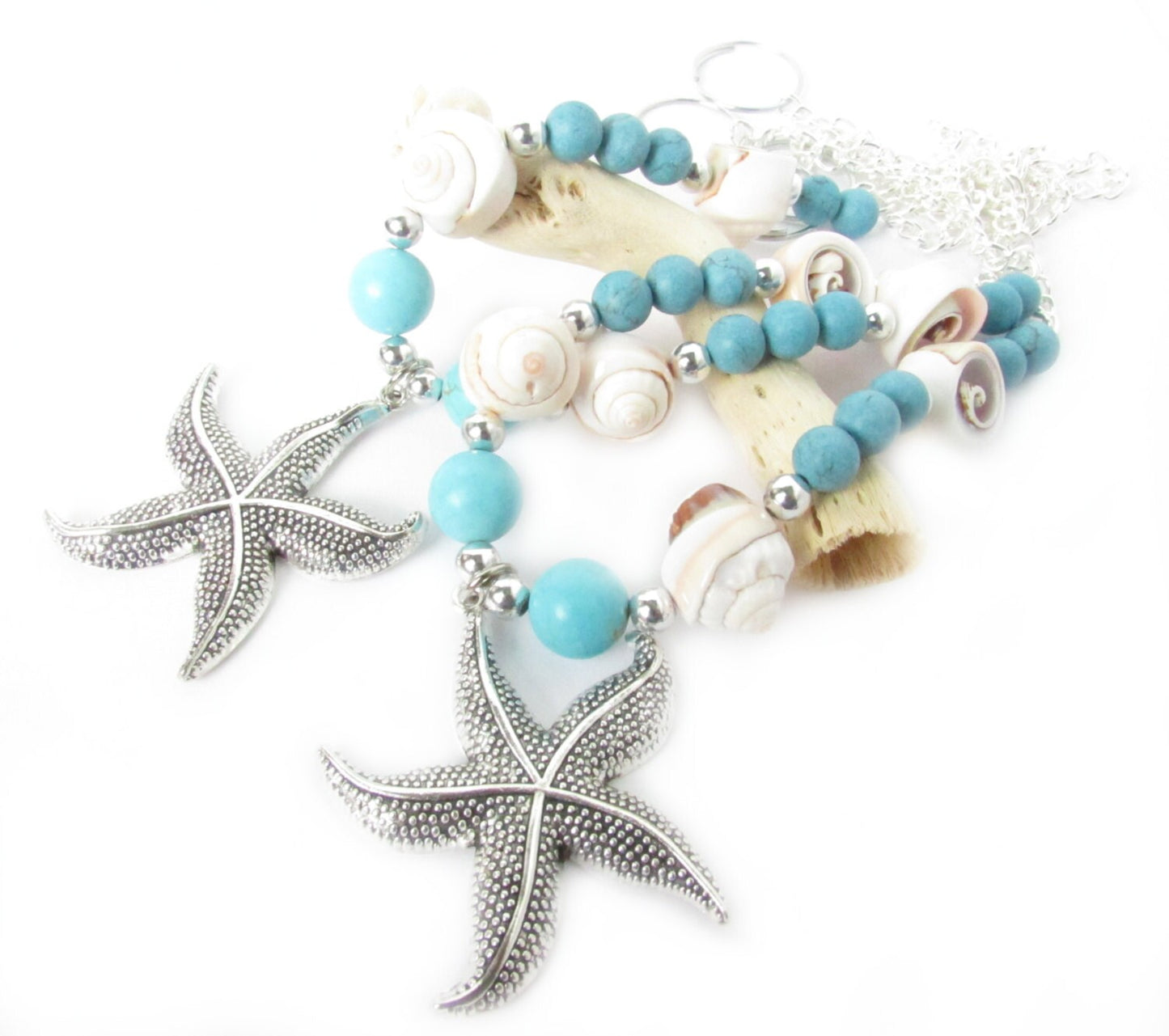 Starfish Curtain Tiebacks – Turquoise Beaded Coastal Beach Decor, Set of 2