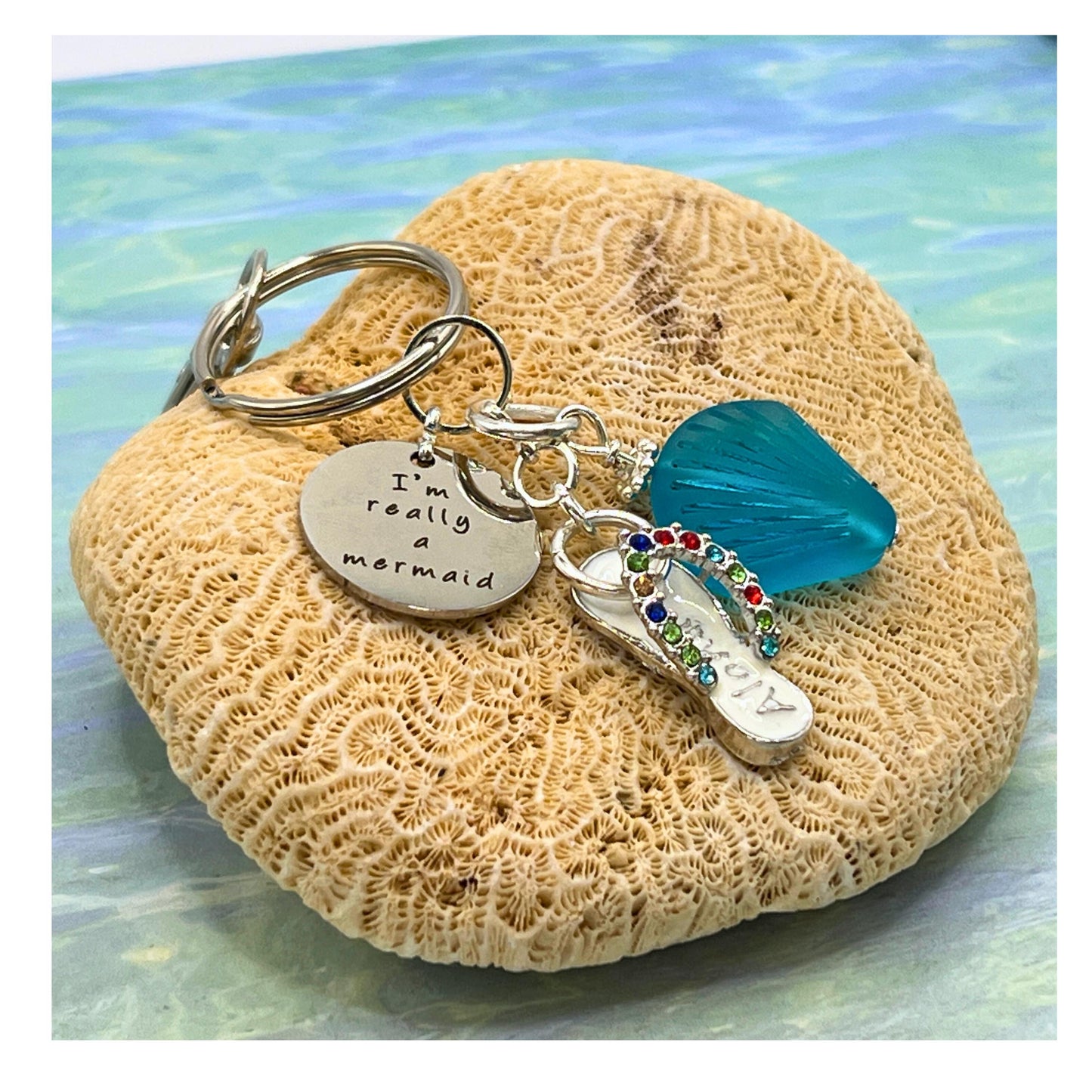 Sea Glass Keychain – Flip Flop & Beach Quote Charm, Coastal Gift for Her (Keychain or Car Charm)