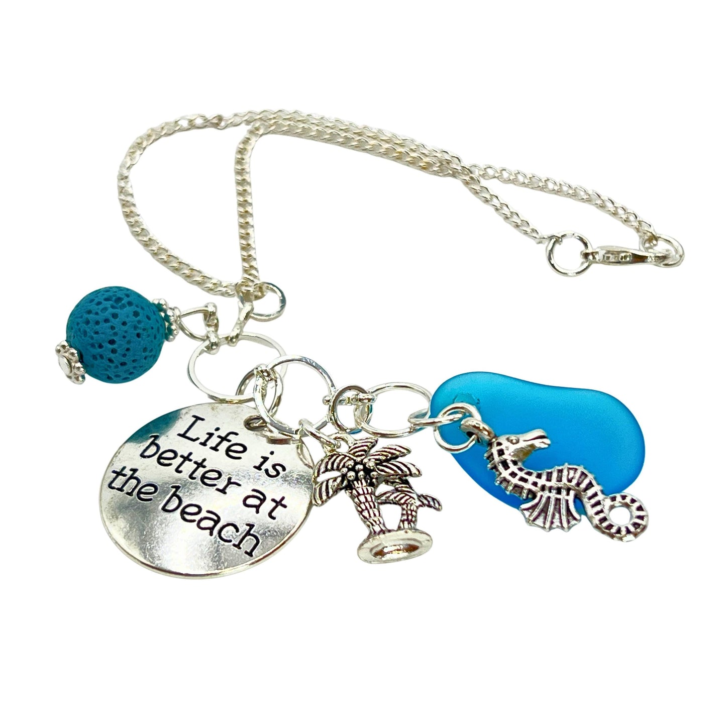 Sea Glass Rear View Mirror Charm – Tropical Beach Car Accessory with Sand Dollar & Sea Turtle