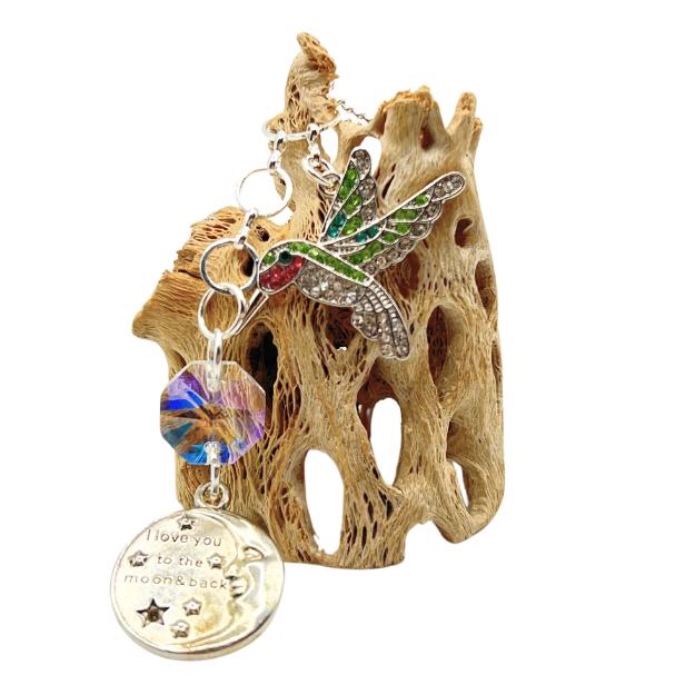 Car Rearview Charm: Colorful Hummingbird - Crystal and Quote Detail