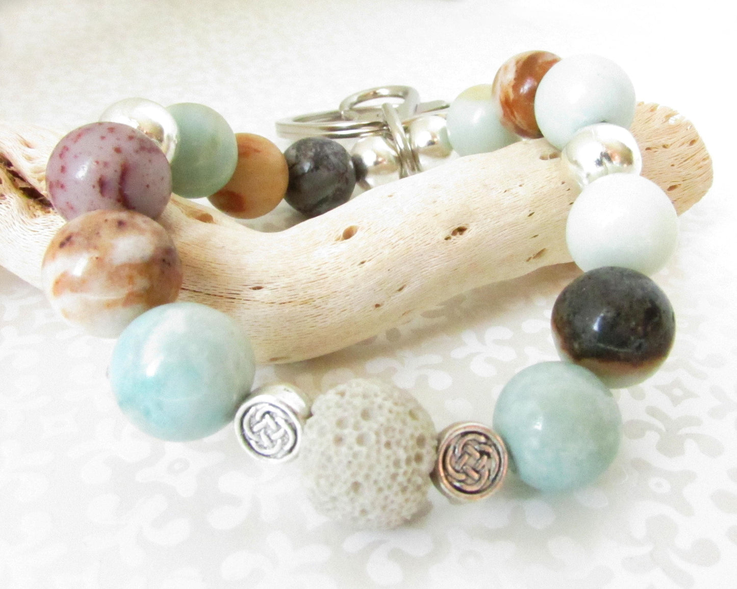 Amazonite Bracelet Keychain – Essential Oil Diffuser Wristlet Lanyard, Coastal Beach Gift