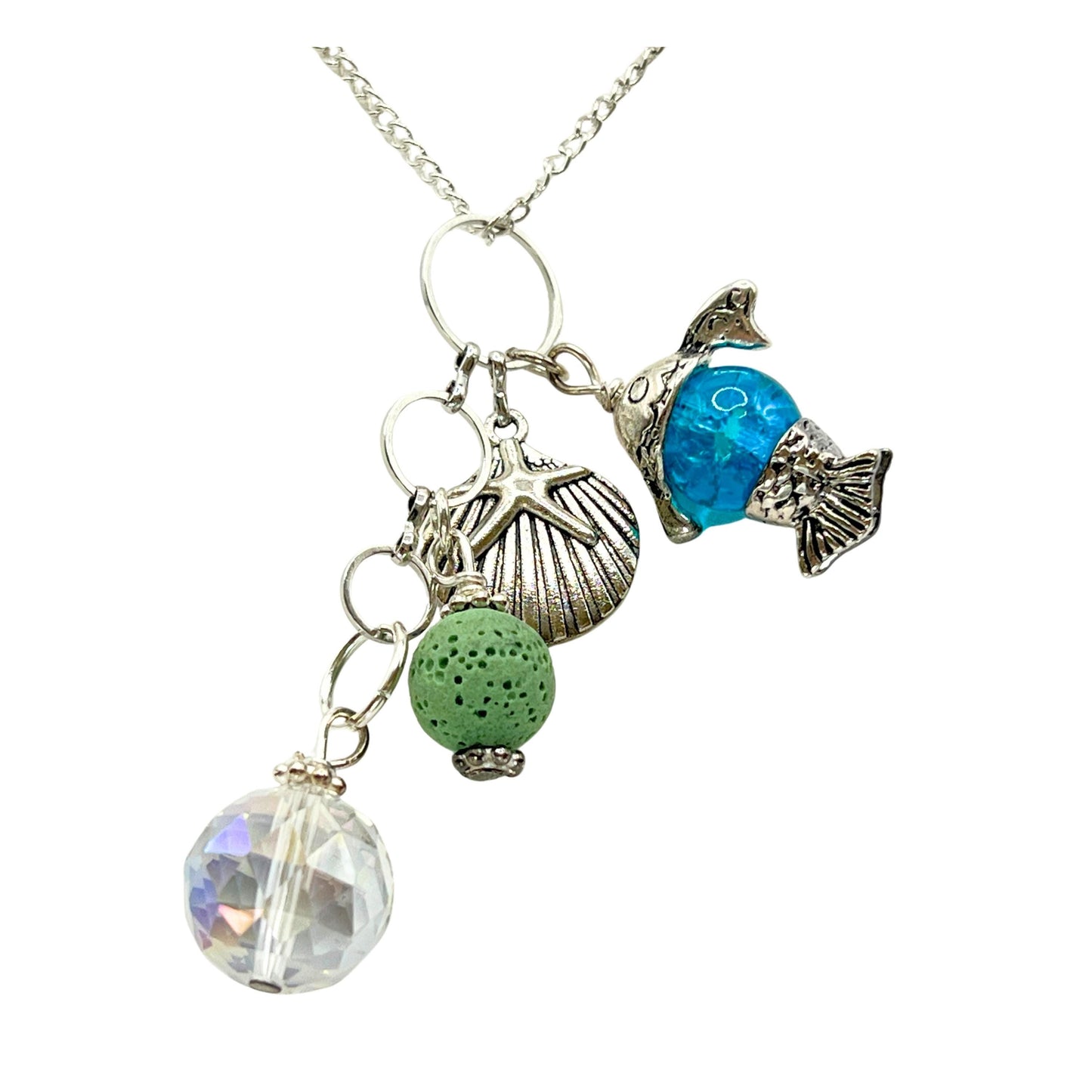 Handmade tropical car diffuser charm with green lava bead and silver fish pendant, rearview mirror aromatherapy accessory