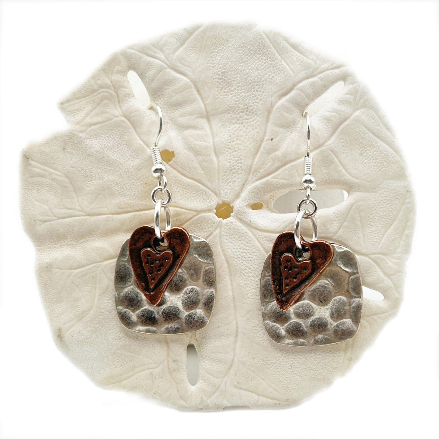 Boho Heart Drop Earrings – Hammered Silver with Copper Detail, Rustic Handmade Jewelry Gift