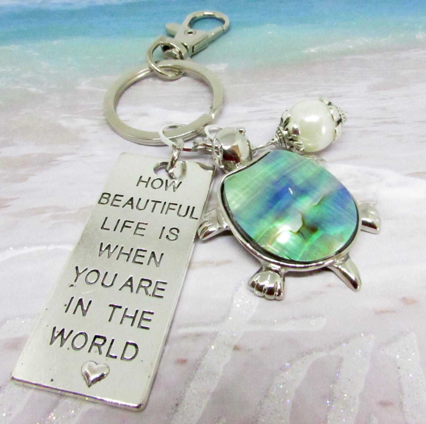 Sea Turtle Keychain – Abalone Shell Beach Keyring, Ocean Lover Gift