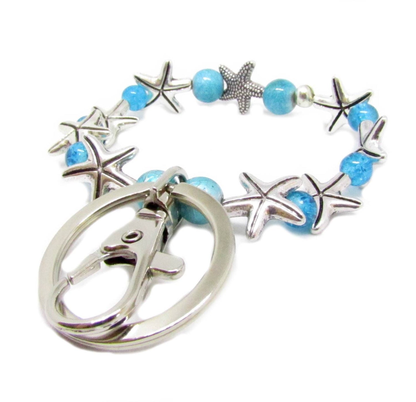 Elastic starfish wristlet keychain with sea-colored sparkle beads and center keyring hook, beach gift under 25