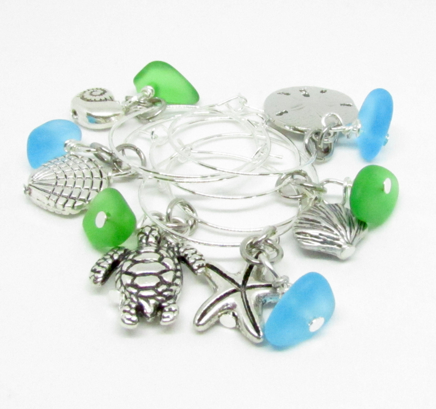 Sea Glass Wine Glass Charms – Nautical Beach Hostess Gift with Sea Turtle & Starfish, Set of 6