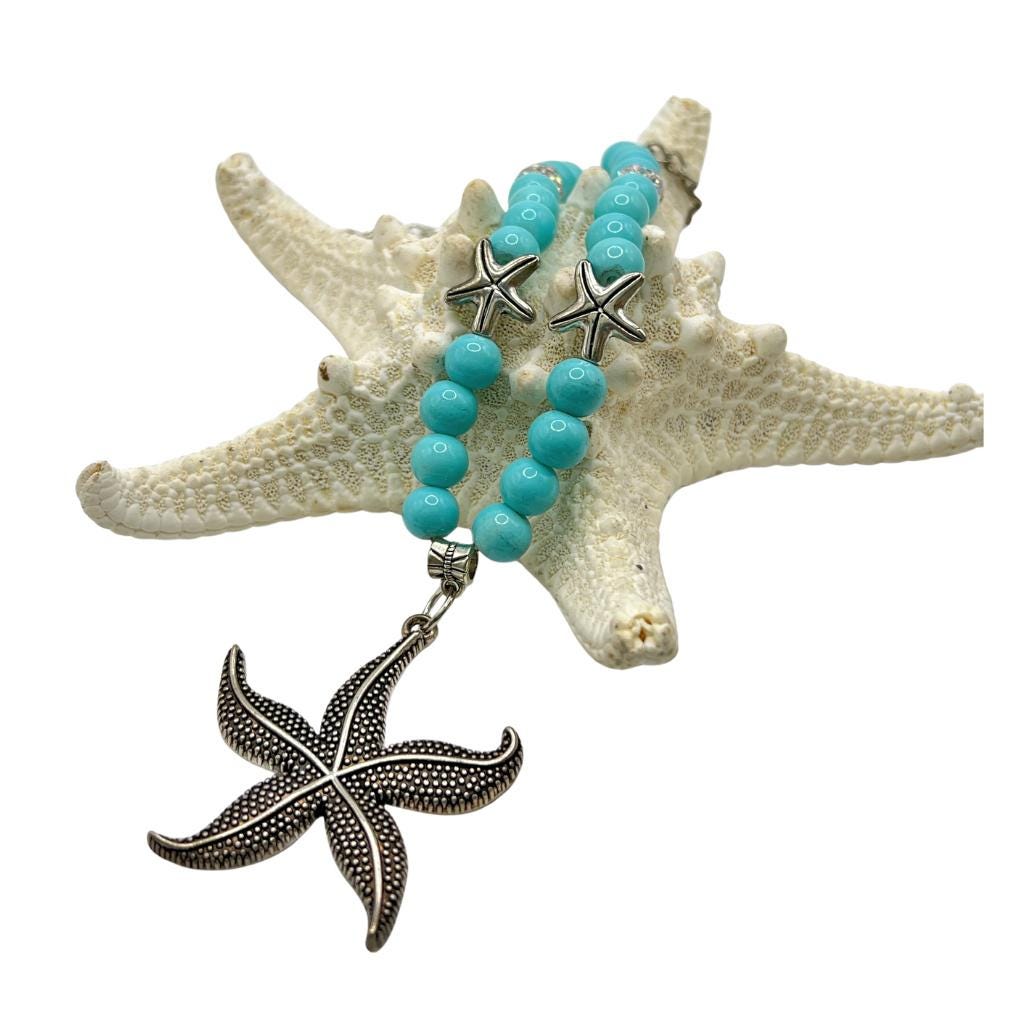 Starfish Curtain Tiebacks – Sea Green Beaded Coastal Shabby Chic Decor, Set of 2