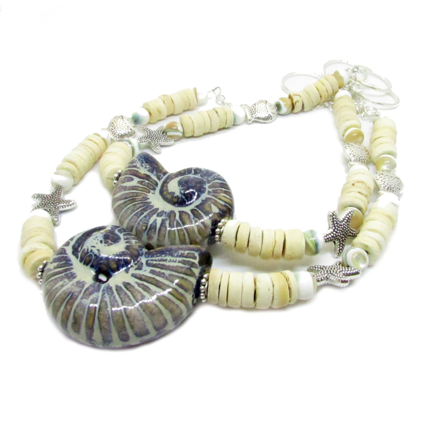 Natural coastal curtain tieback set with ceramic seashell, coconut bead and fish starfish charms, 18 inch beach house window decor