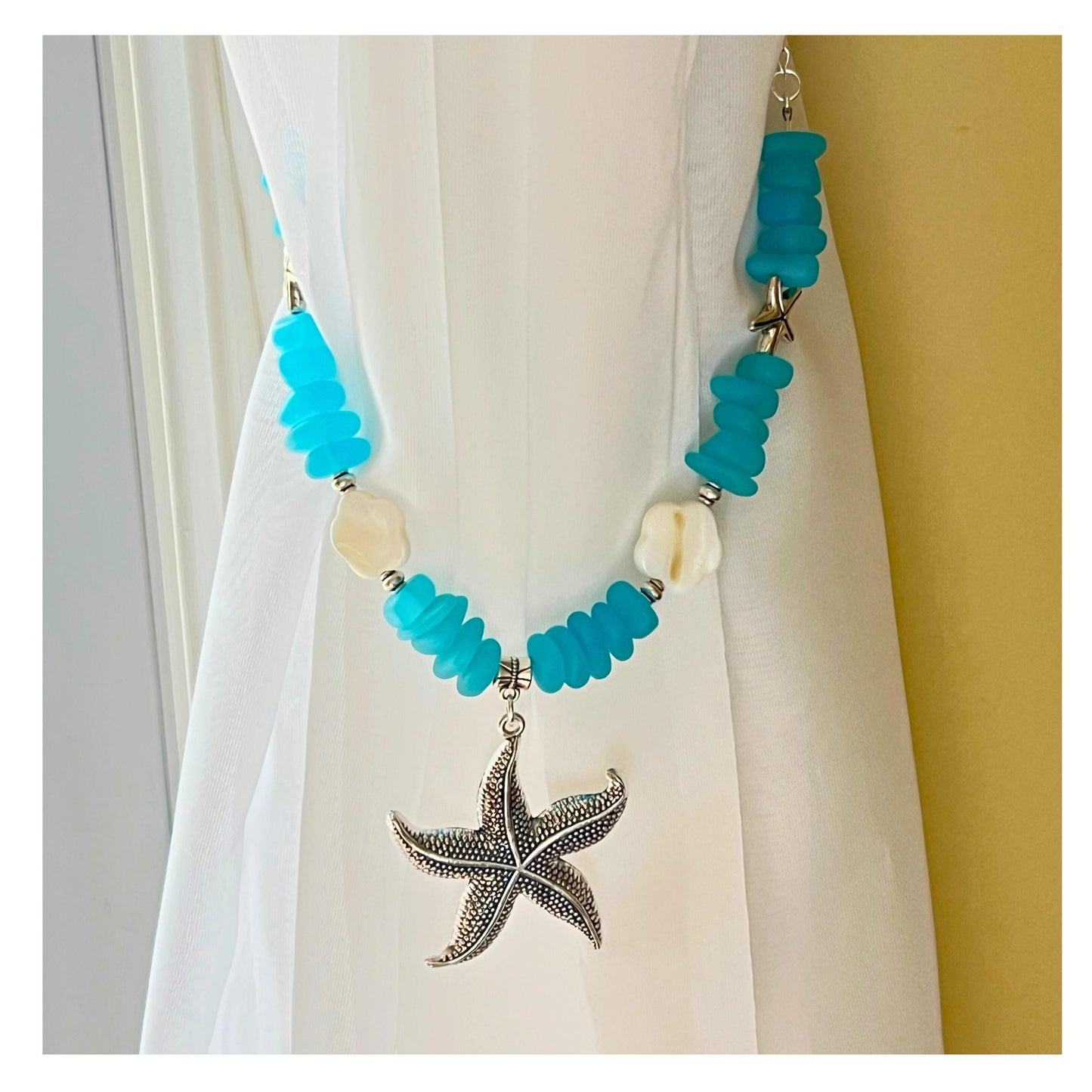 Starfish Curtain Tiebacks – Blue Sea Glass Beaded Coastal Beach Decor, Set of 2