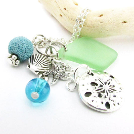 Sea Glass Car Charm with Sand Dollar – Rear View Mirror Lava Bead Diffuser, Ocean Beach Gift