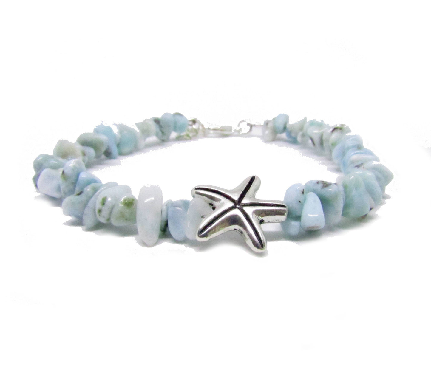 Larimar Chip Bracelet with Starfish – Healing Coastal Chakra Jewelry, Spiritual Beach Gift