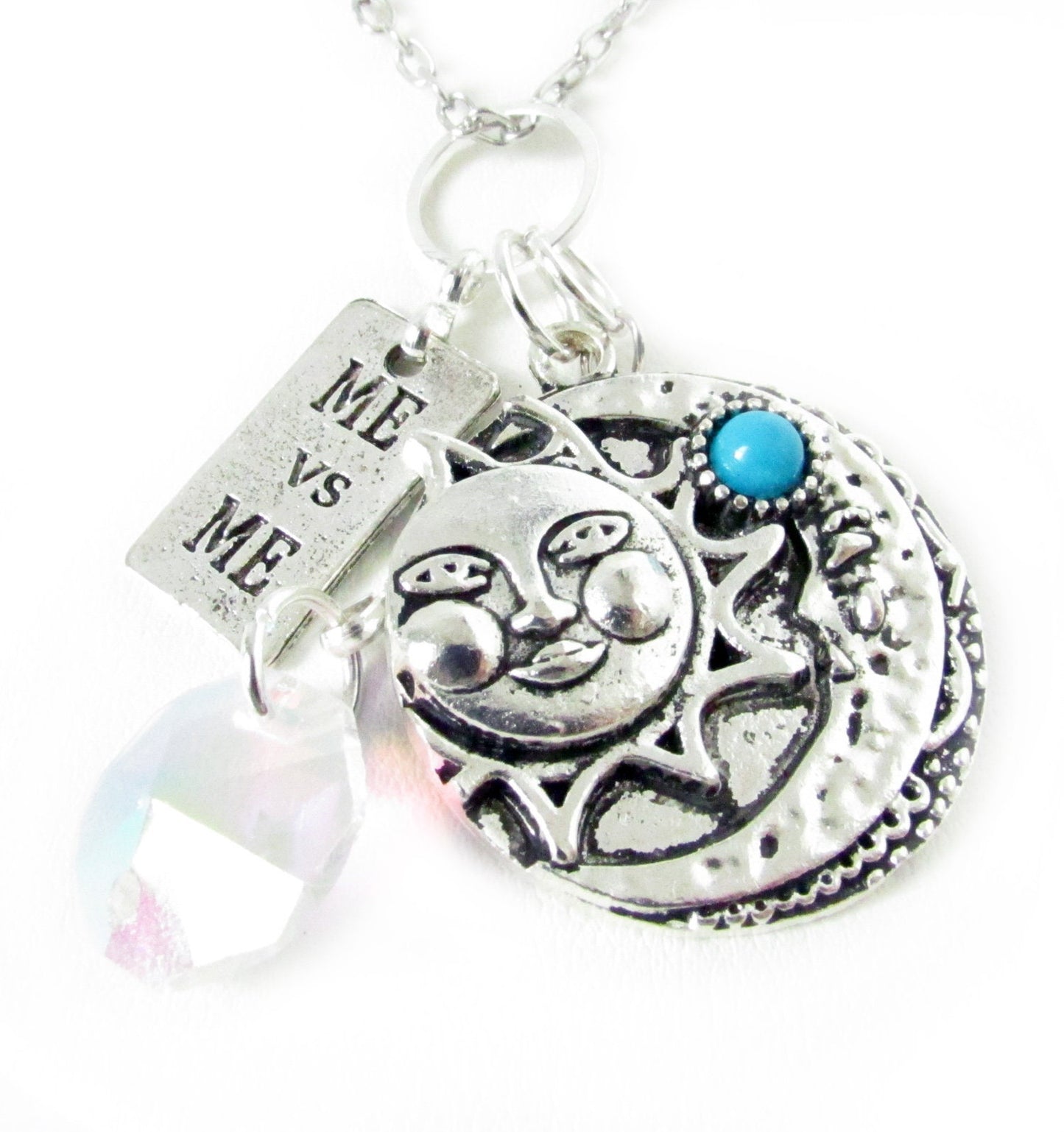 Celestial Car Charm – Sun Moon Rear View Mirror Charm with Crystal & Turquoise, Handmade Gift