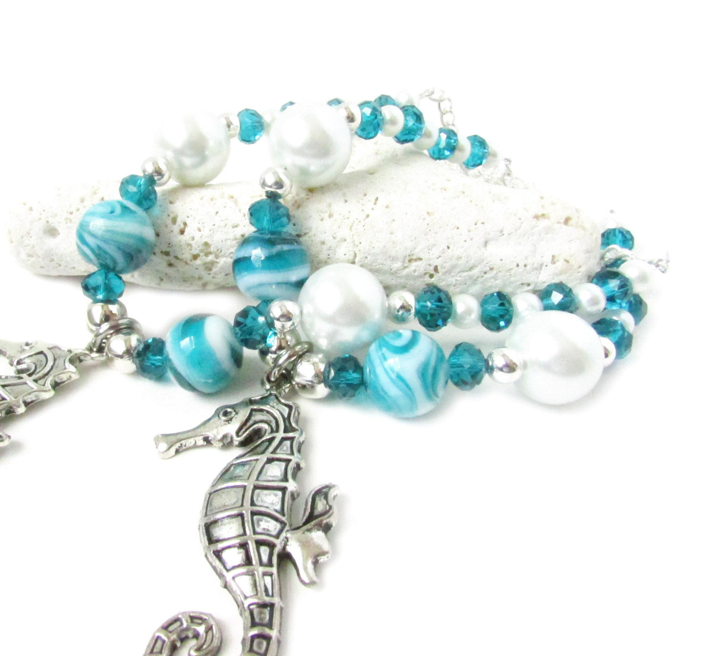 Seahorse Curtain Tiebacks – Teal Crystal Beaded Beach Cottage Chic Decor, Set of 2