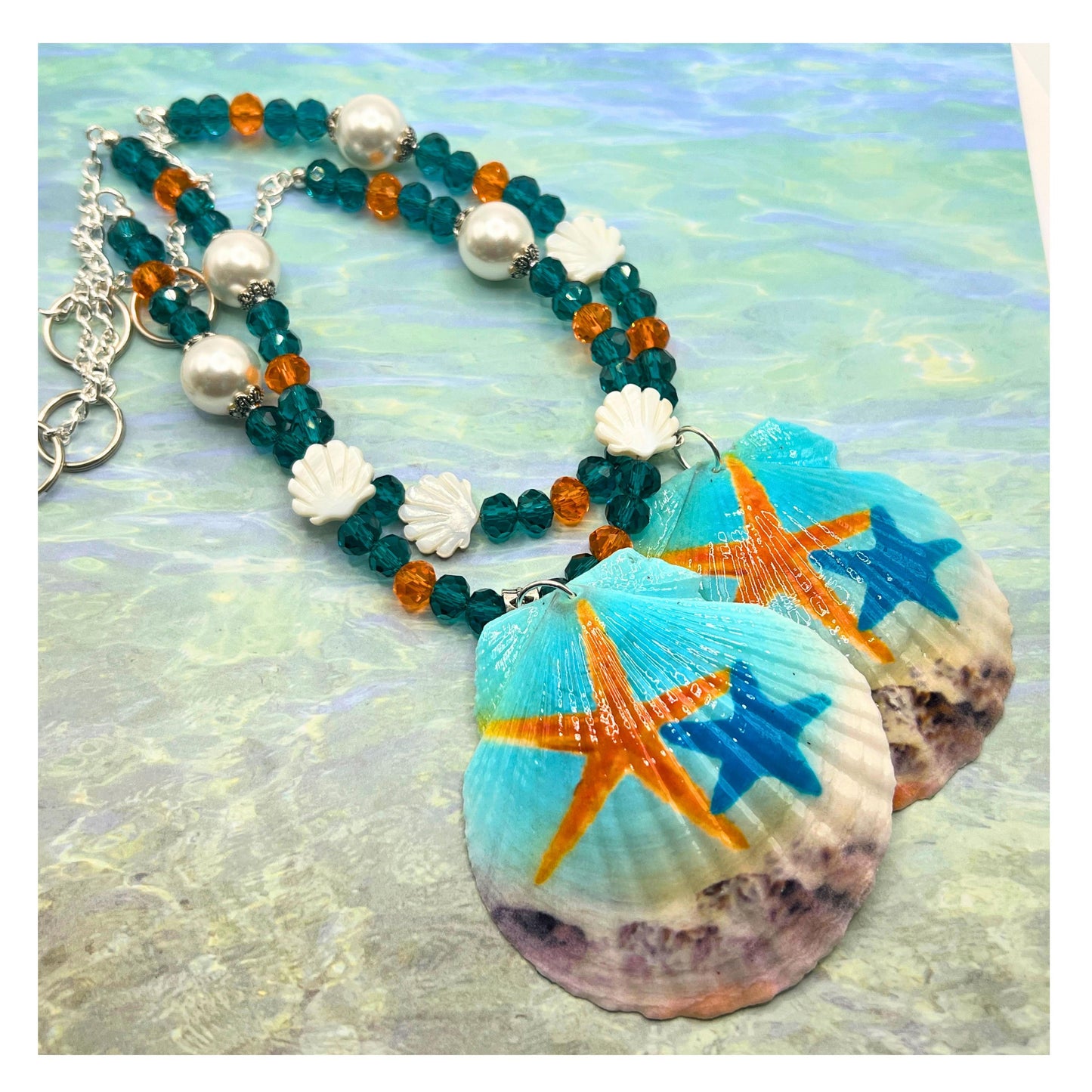 Sea Shell Curtain Tiebacks – Hand-Painted Shell Beaded Coastal Home Decor, Handmade Set of 2