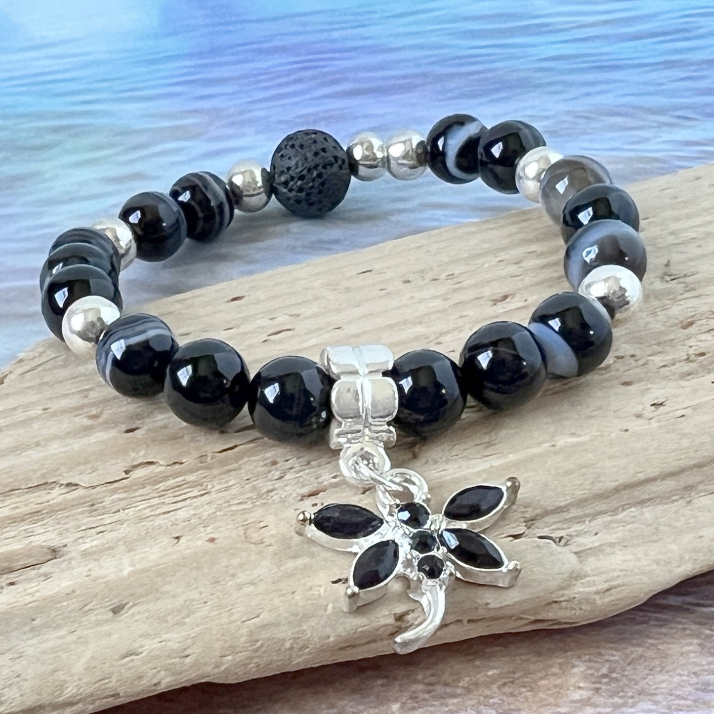 Dragonfly Charm Bracelet – Botswana Agate & Lava Stone Aromatherapy, Handmade Boho Jewelry