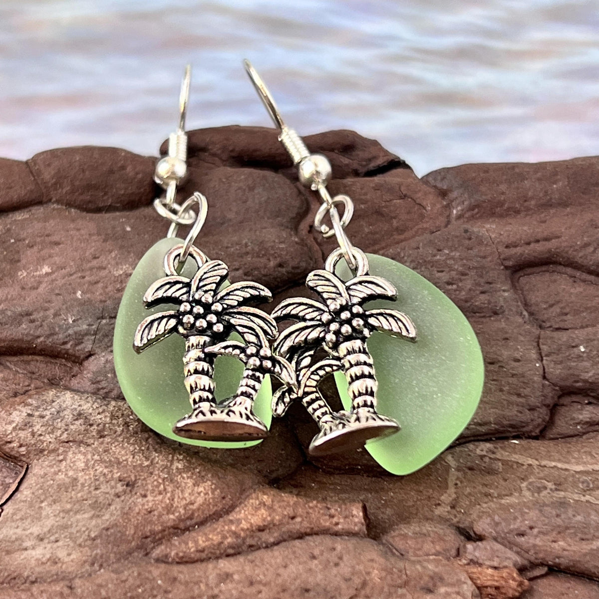 Palm Tree Dangle Earrings - Sea Glass Beach Jewelry