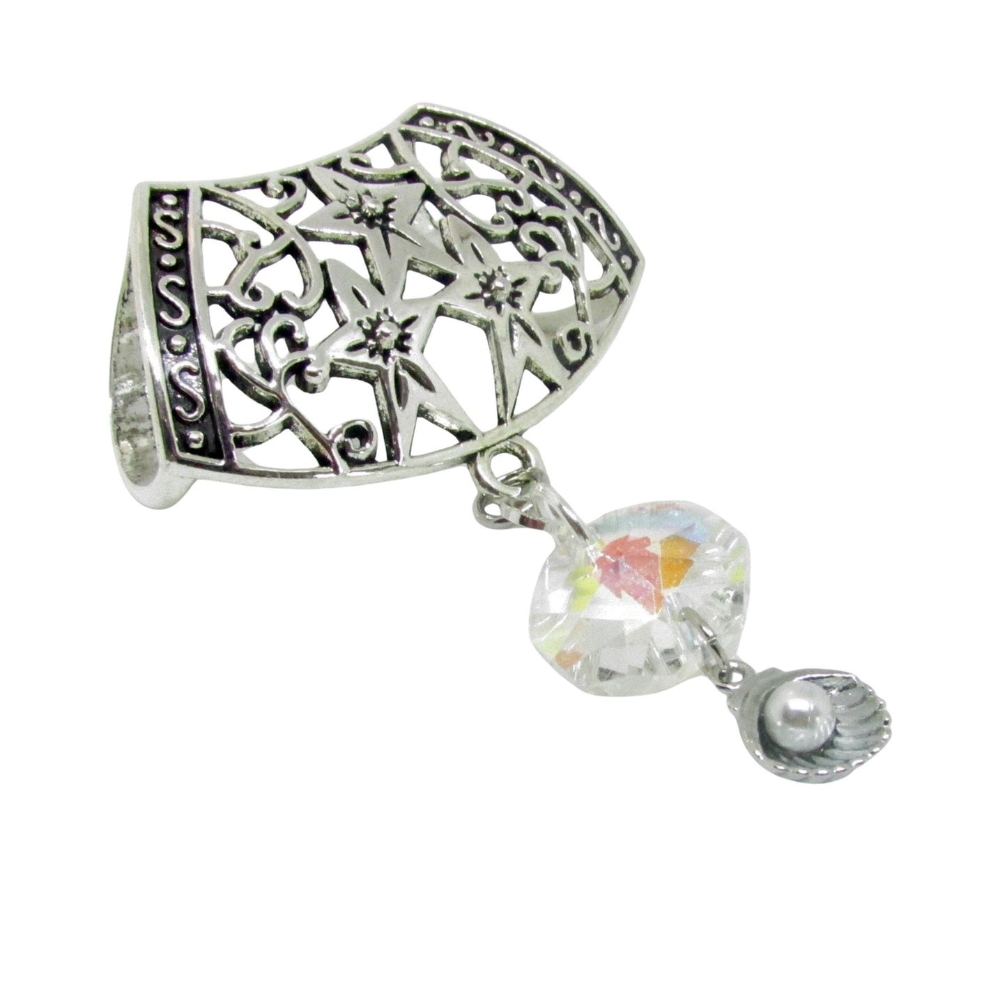 Seashell Scarf Pendant Slide – Silver Shell with Pearl Accent, Beach Scarf Jewelry