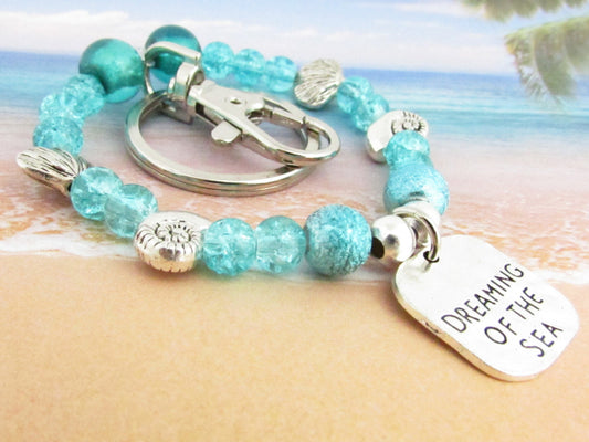 Aqua Beaded Keychain Bracelet – Shell Charm Wristlet Keyring, Coastal Beach Gift for Her
