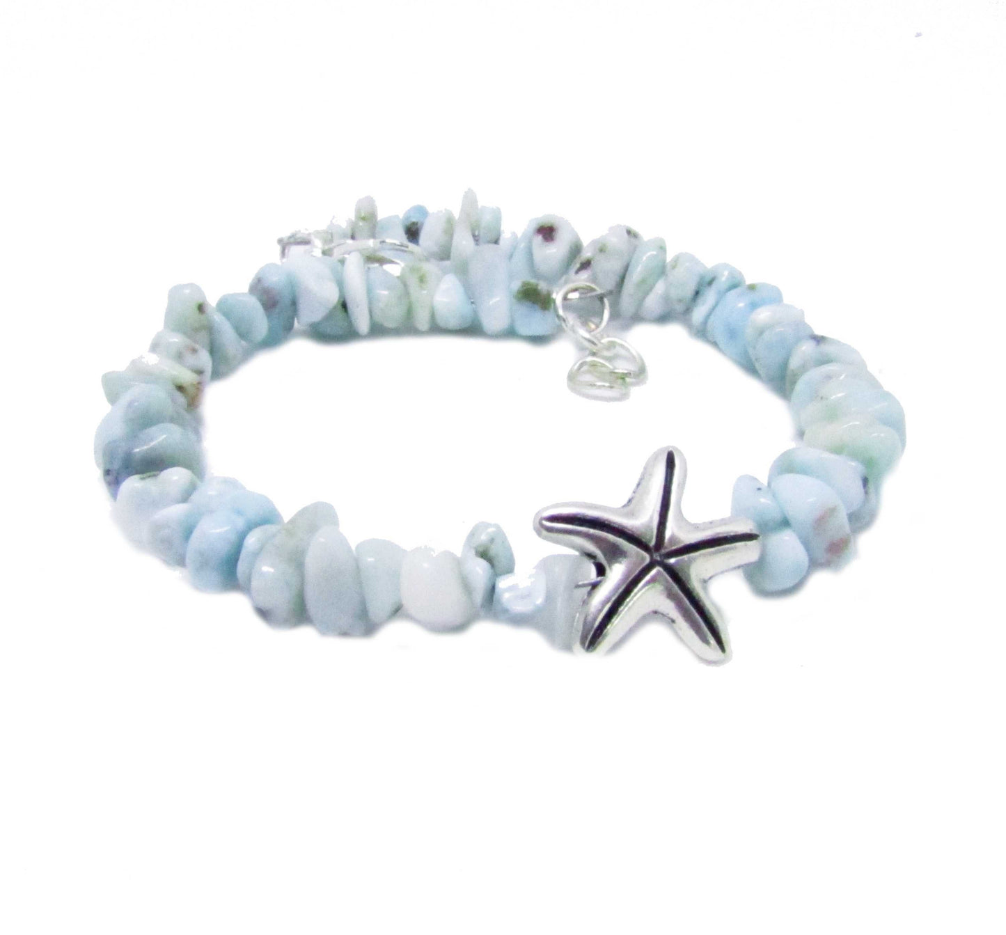Larimar Chip Bracelet with Starfish – Healing Coastal Chakra Jewelry, Spiritual Beach Gift