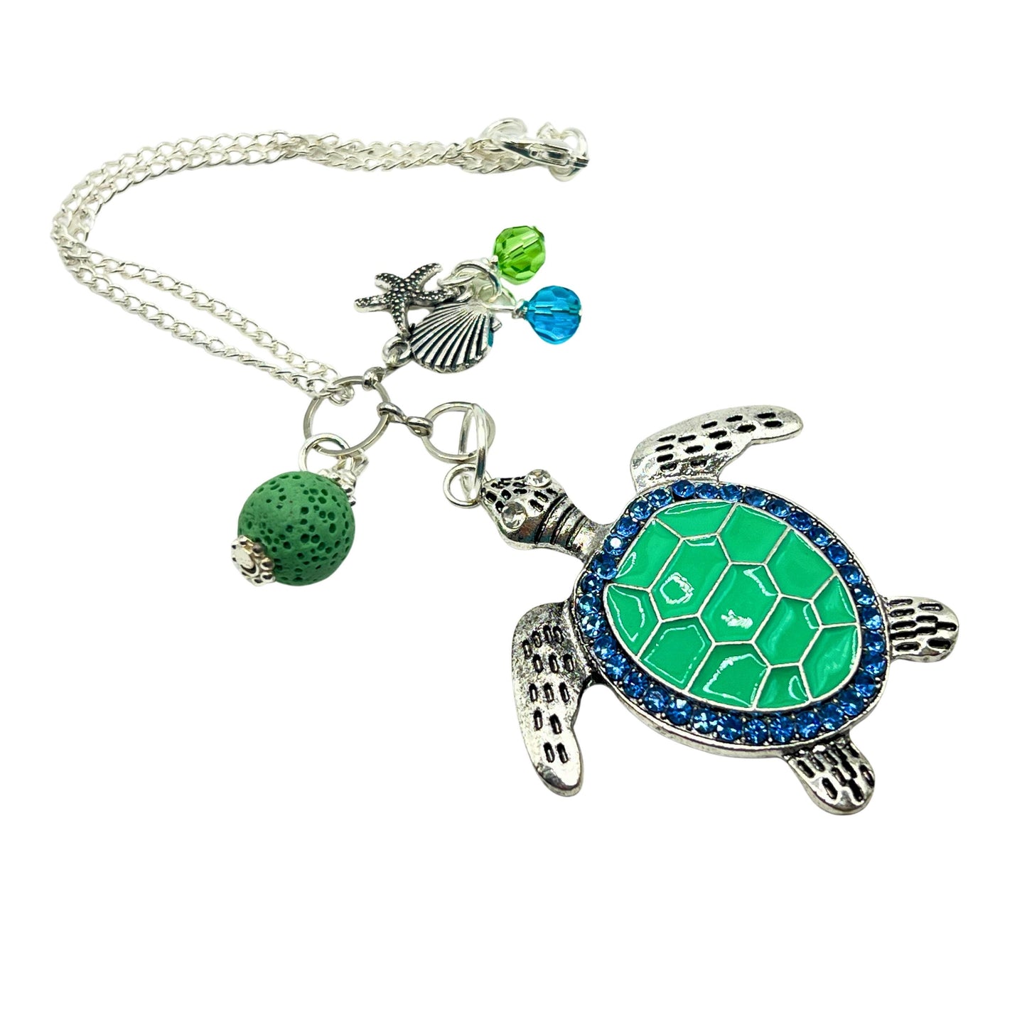 Sea Turtle Car Charm – Rhinestone Rear View Mirror Diffuser with Green Lava Bead, Choose Your Design