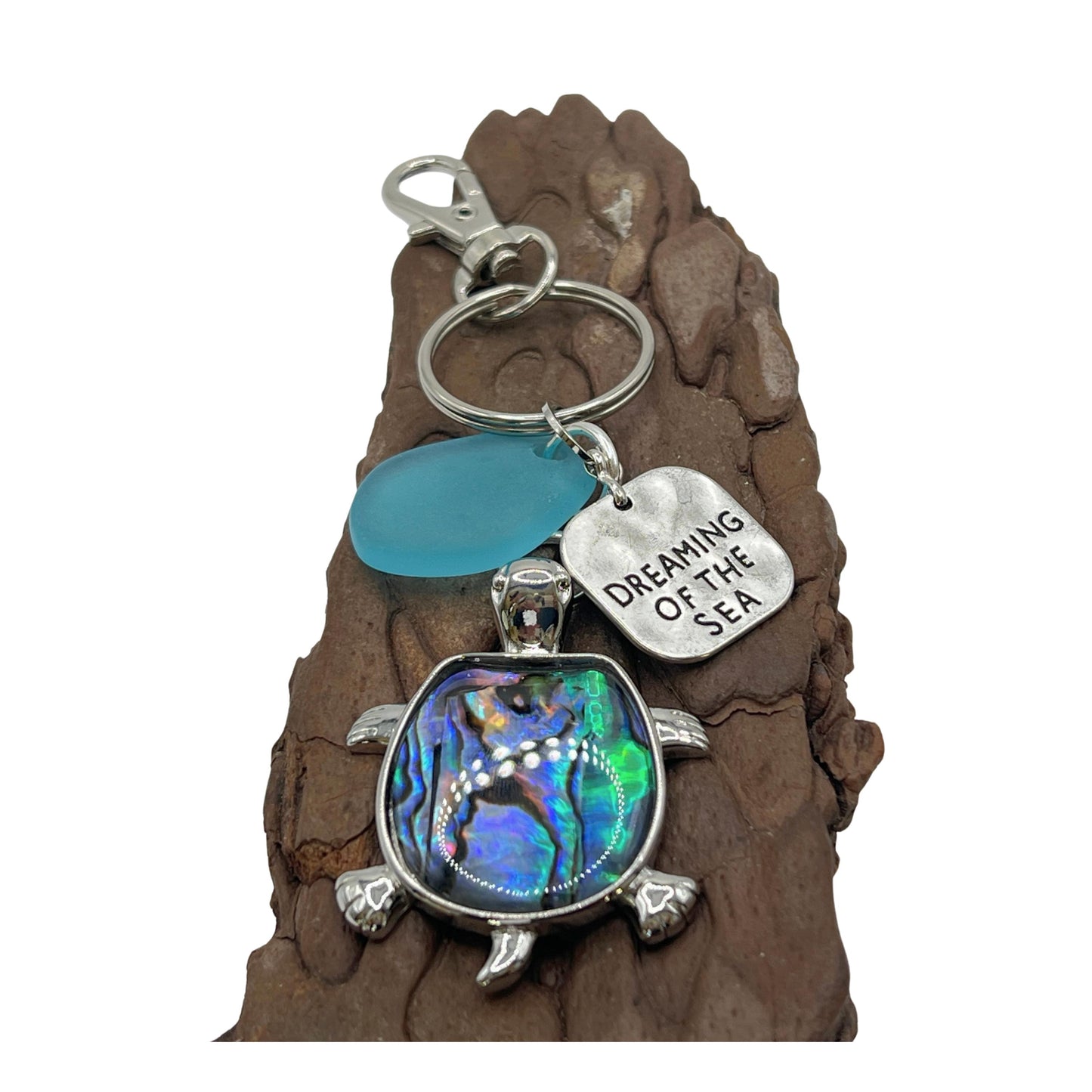 Sea Turtle Keychain – Abalone Shell, Sea Glass & Beach Quote Charm (Keychain or Car Charm)