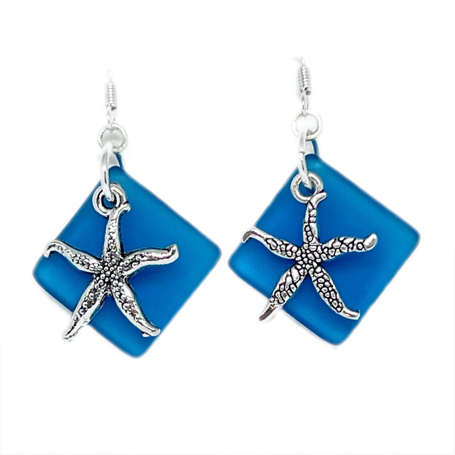 Sea Glass Starfish Earrings – Ocean Blue or Green Dangle Drop, Handmade Coastal Beach Gift